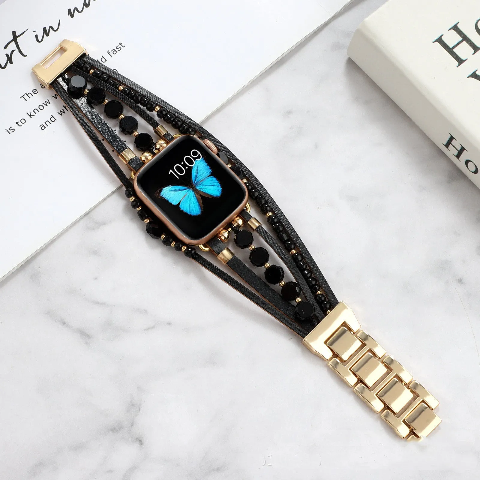 Life Tree Jewelry woven metal and leather watch strap for Apple Watch, 22mm, multiple colours including Black and Gold