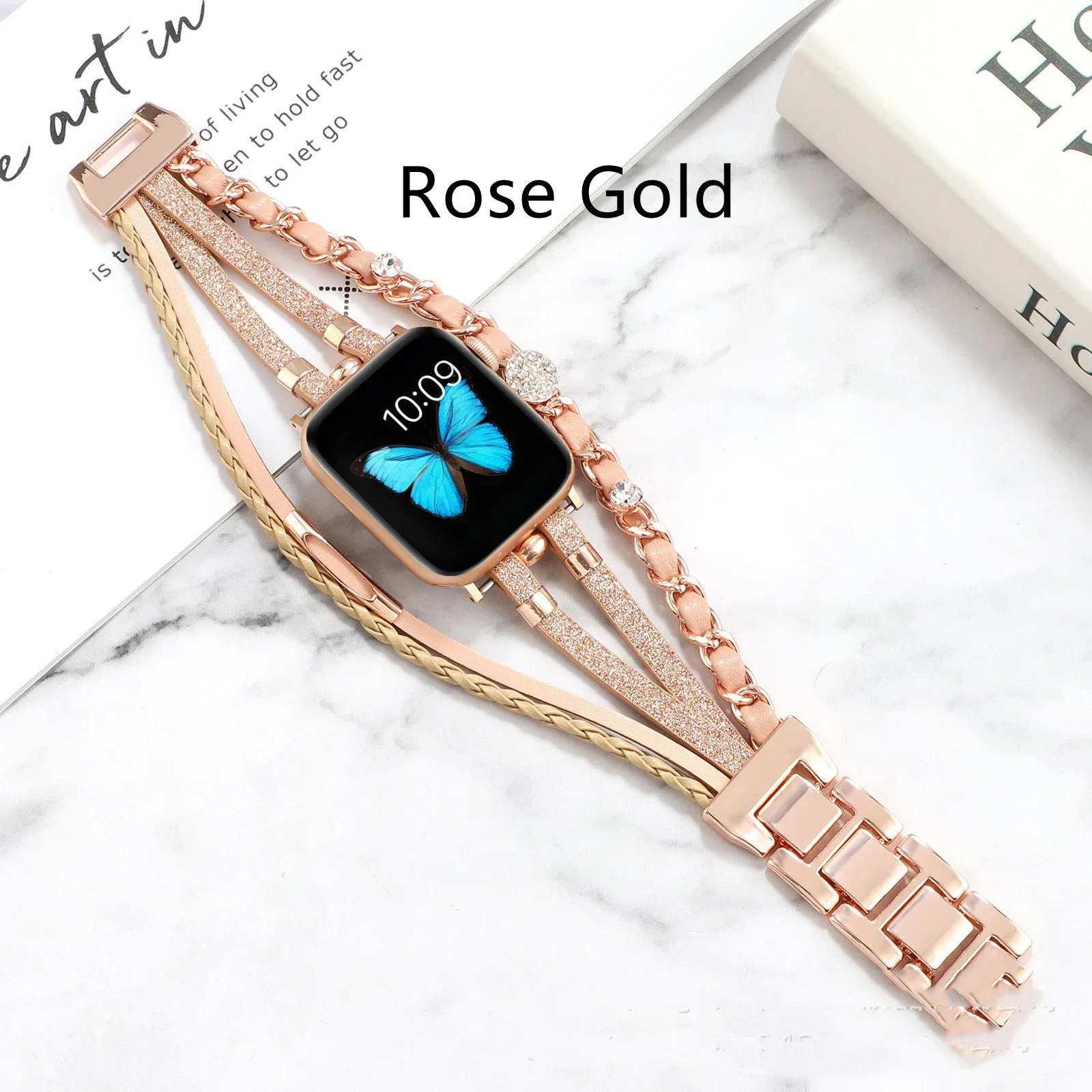 Life Tree Jewelry woven metal and leather watch strap for Apple Watch, 22mm, multiple colours including Black and Gold