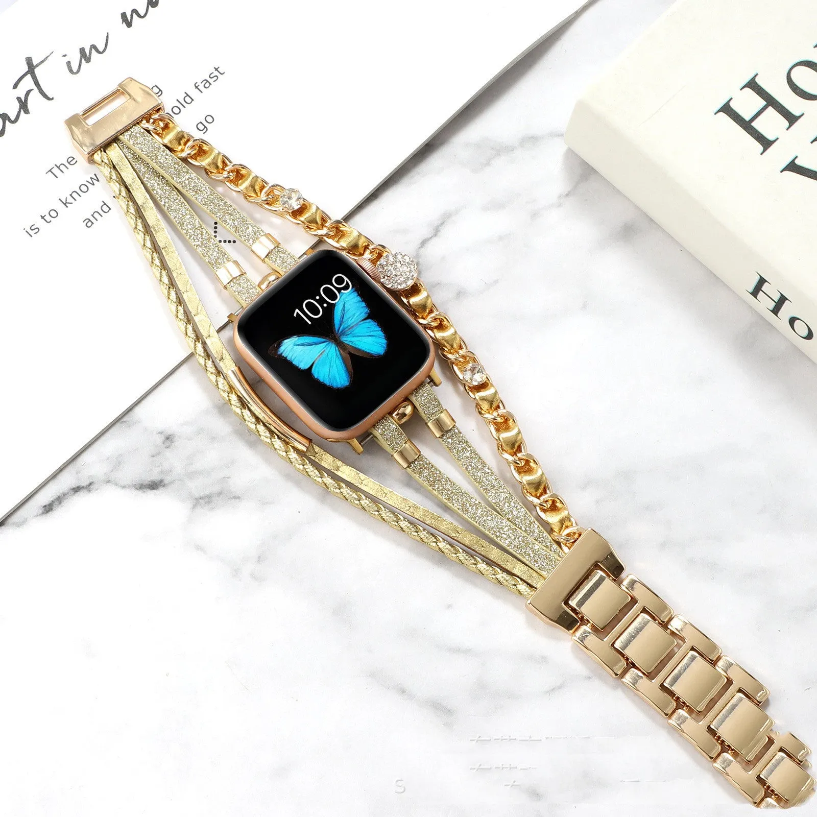 Life Tree Jewelry woven metal and leather watch strap for Apple Watch, 22mm, multiple colours including Black and Gold