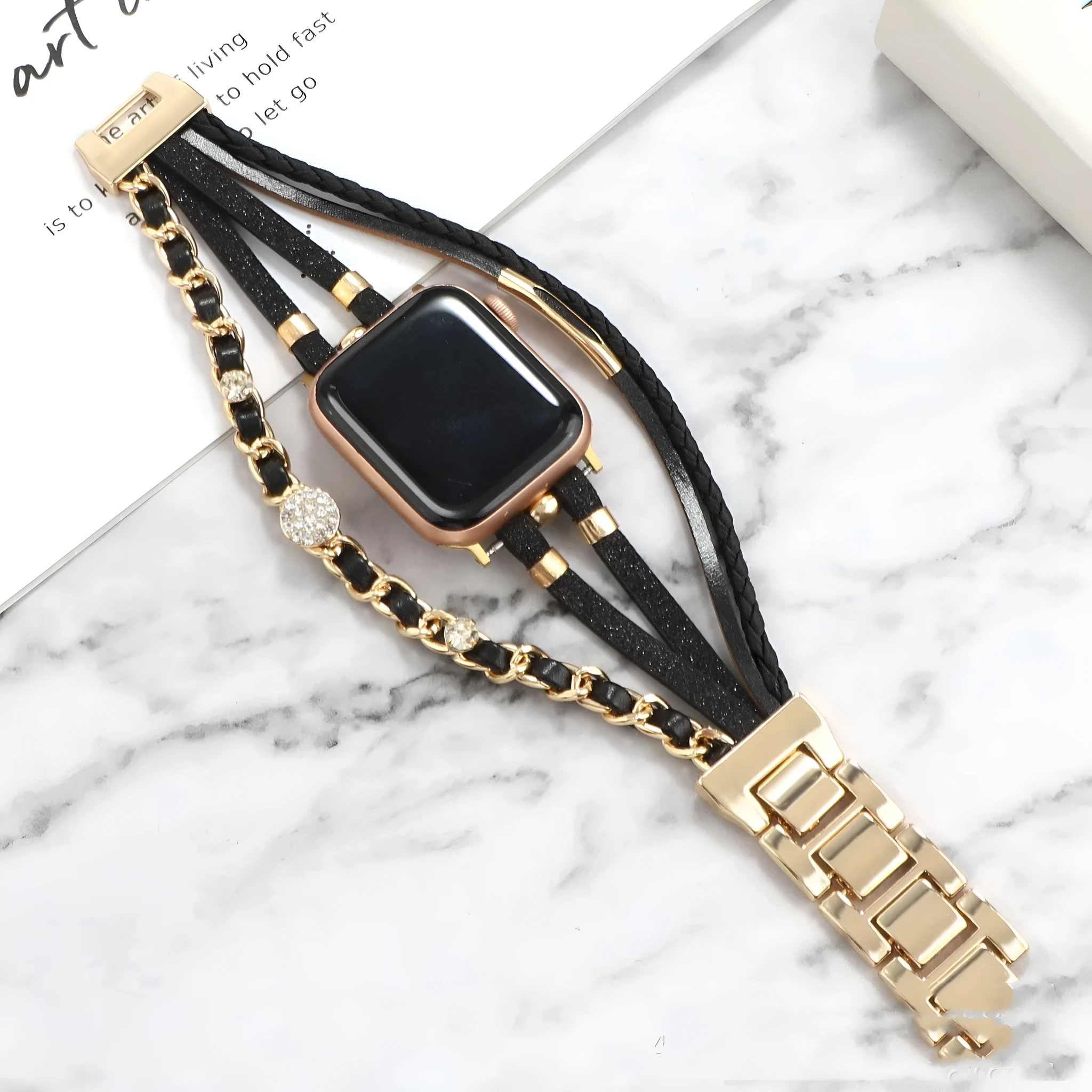 Life Tree Jewelry woven metal and leather watch strap for Apple Watch, 22mm, multiple colours including Black and Gold