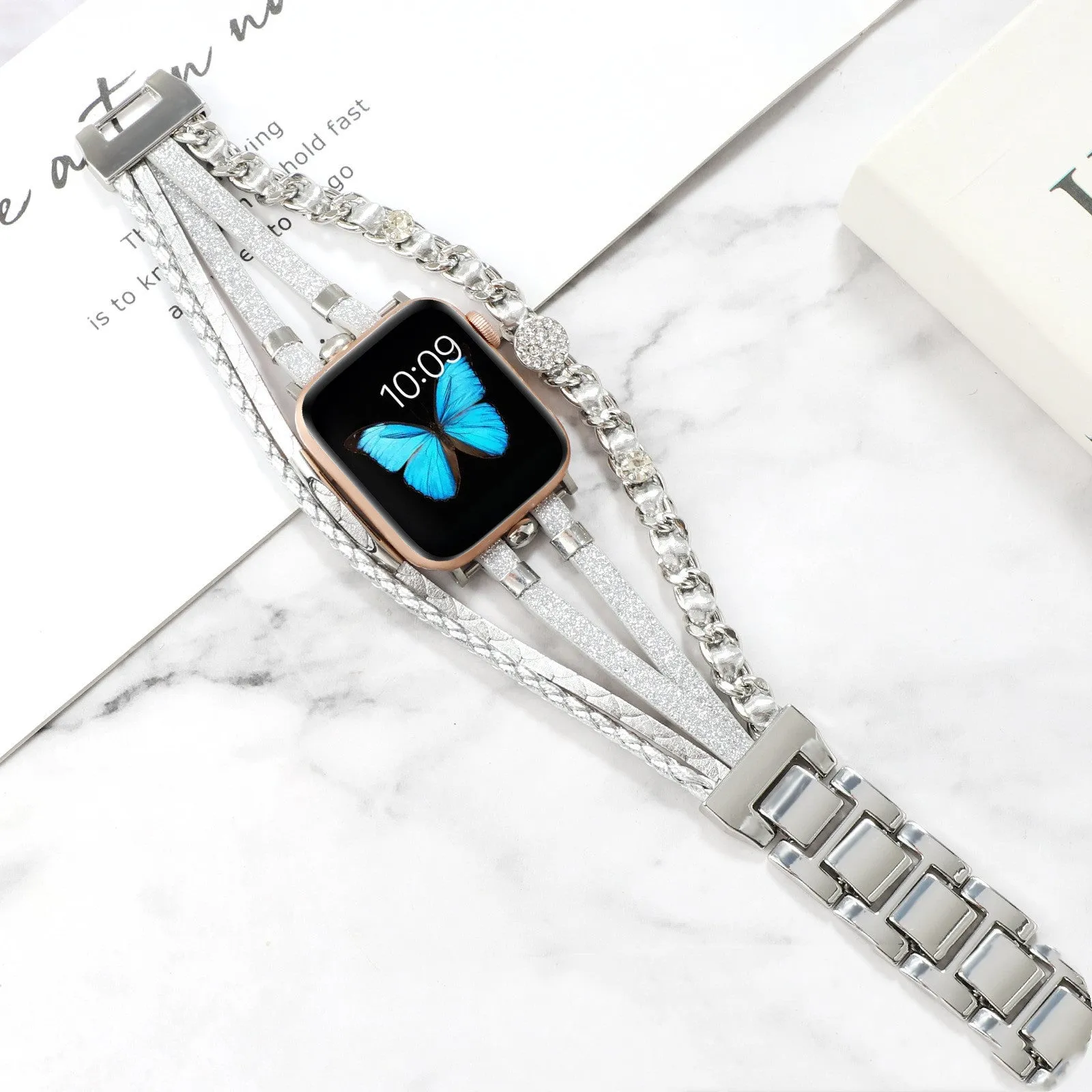 Life Tree Jewelry woven metal and leather watch strap for Apple Watch, 22mm, multiple colours including Black and Gold