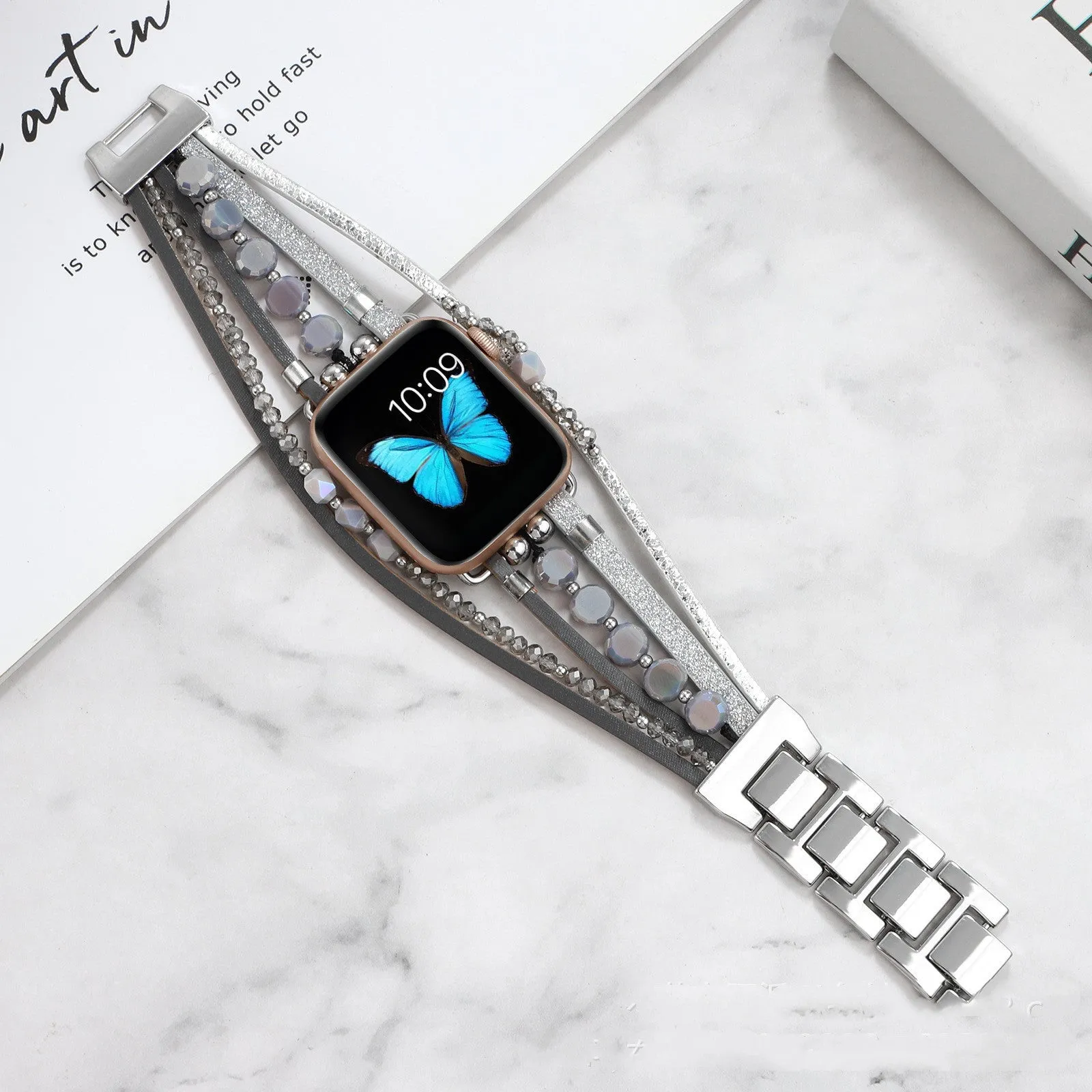 Life Tree Jewelry woven metal and leather watch strap for Apple Watch, 22mm, multiple colours including Black and Gold