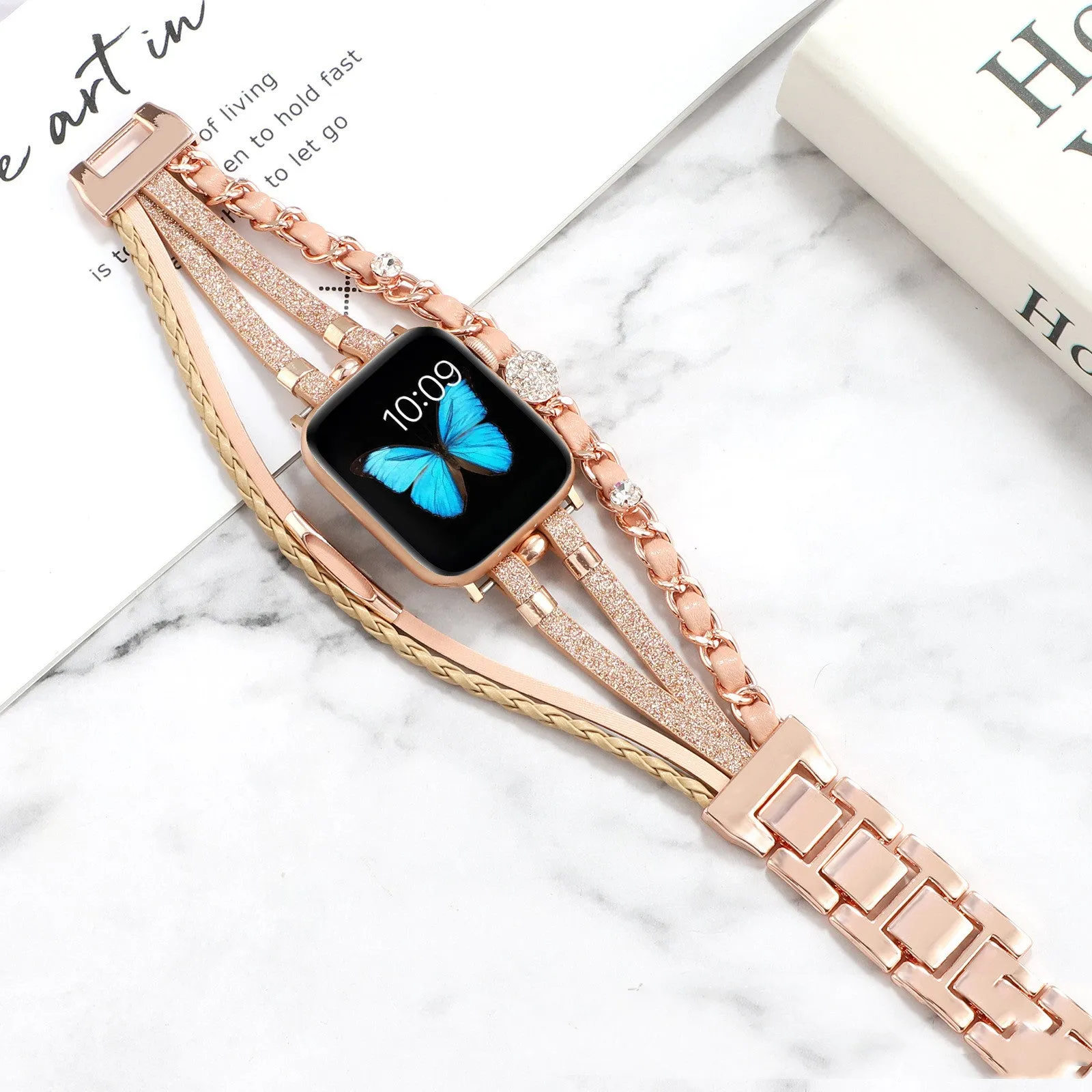 Life Tree Jewelry woven metal and leather watch strap for Apple Watch, 22mm, multiple colours including Black and Gold