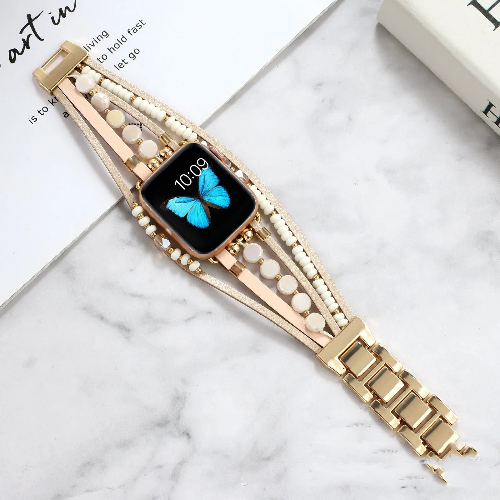 Life Tree Jewelry woven metal and leather watch strap for Apple Watch, 22mm, multiple colours including Black and Gold