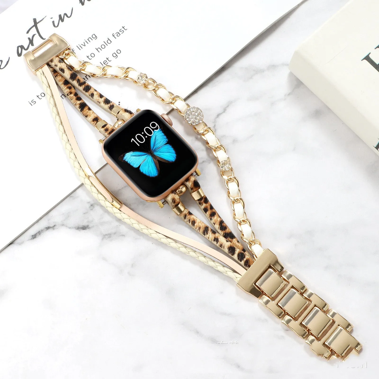 Life Tree Jewelry woven metal and leather watch strap for Apple Watch, 22mm, multiple colours including Black and Gold