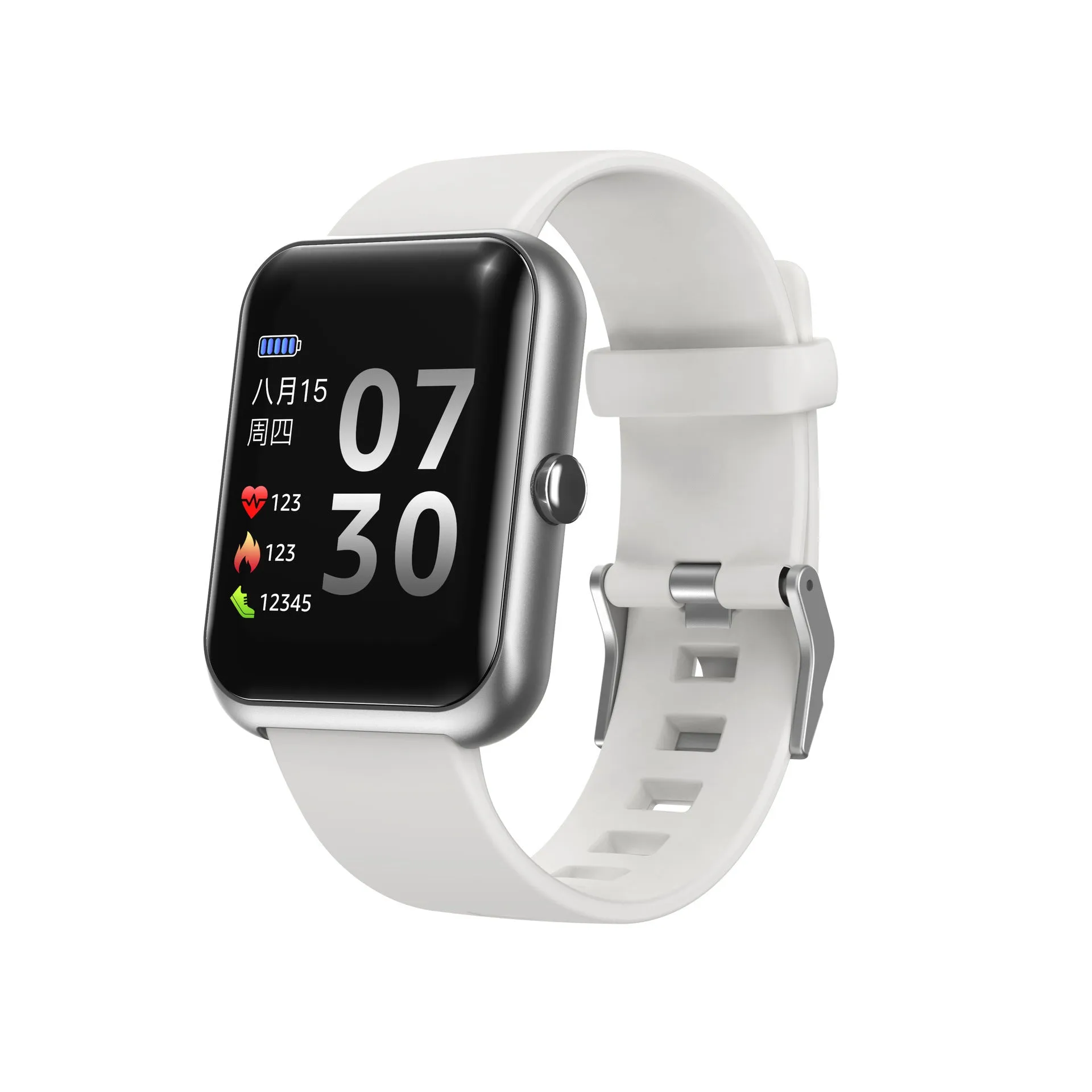 Square Bluetooth sports watch with silicone strap on wrist, showing anodised aluminium case