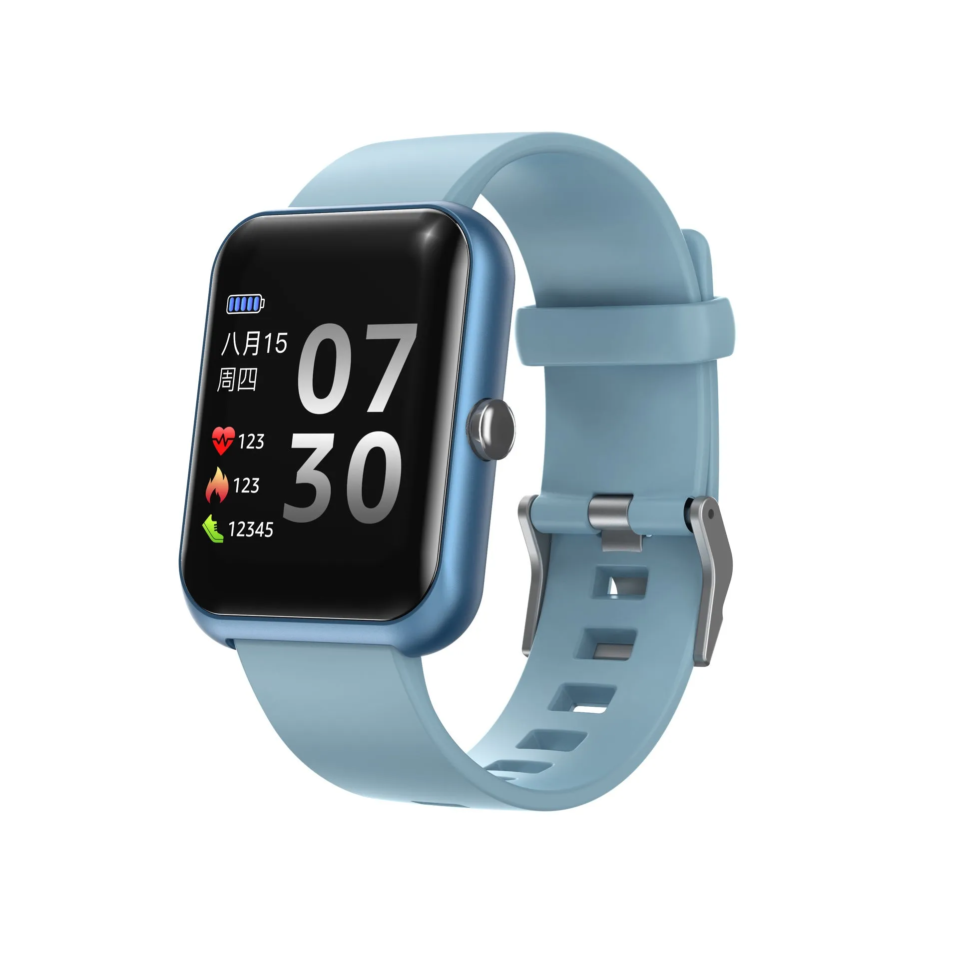 Square Bluetooth sports watch with silicone strap on wrist, showing anodised aluminium case