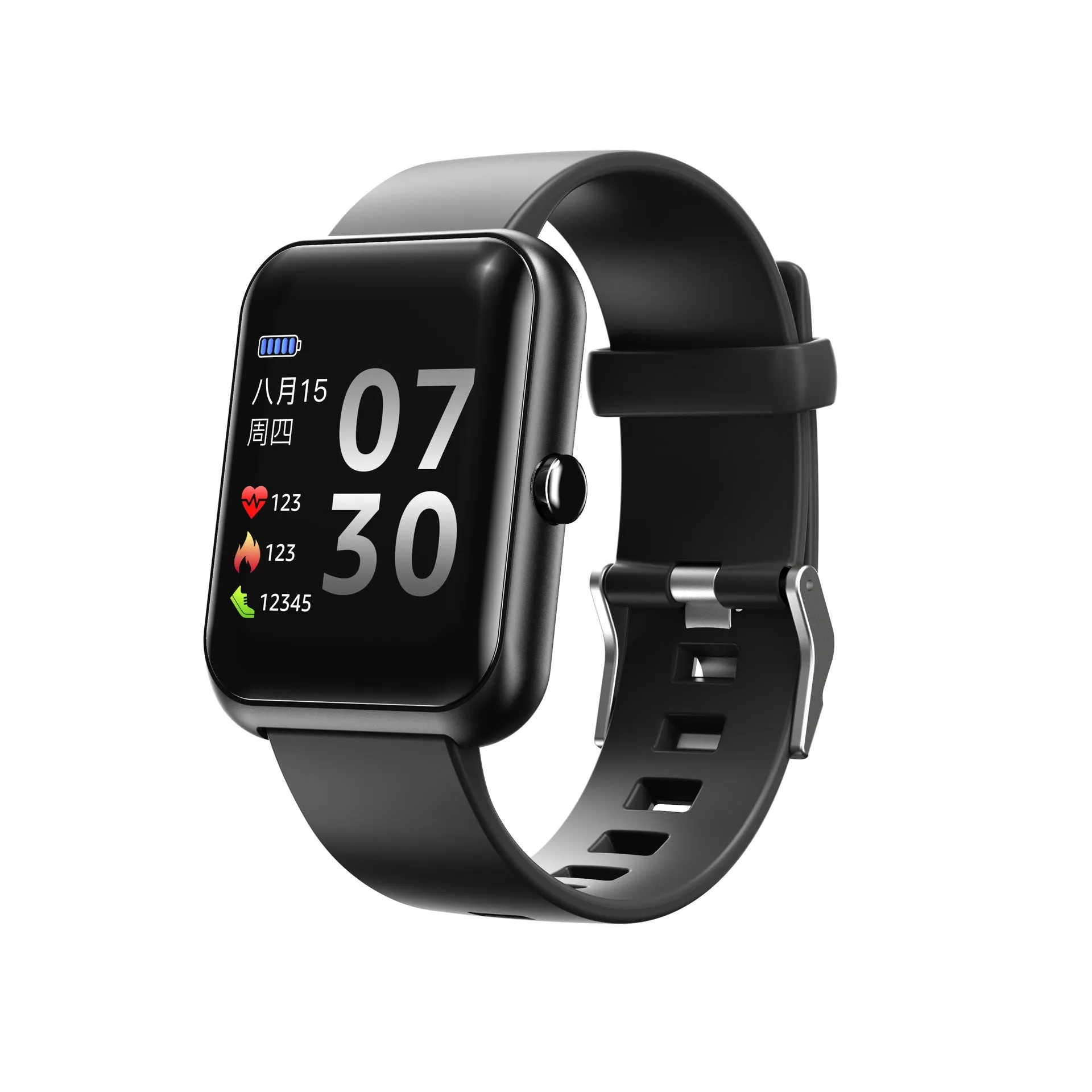 Square Bluetooth sports watch with silicone strap on wrist, showing anodised aluminium case