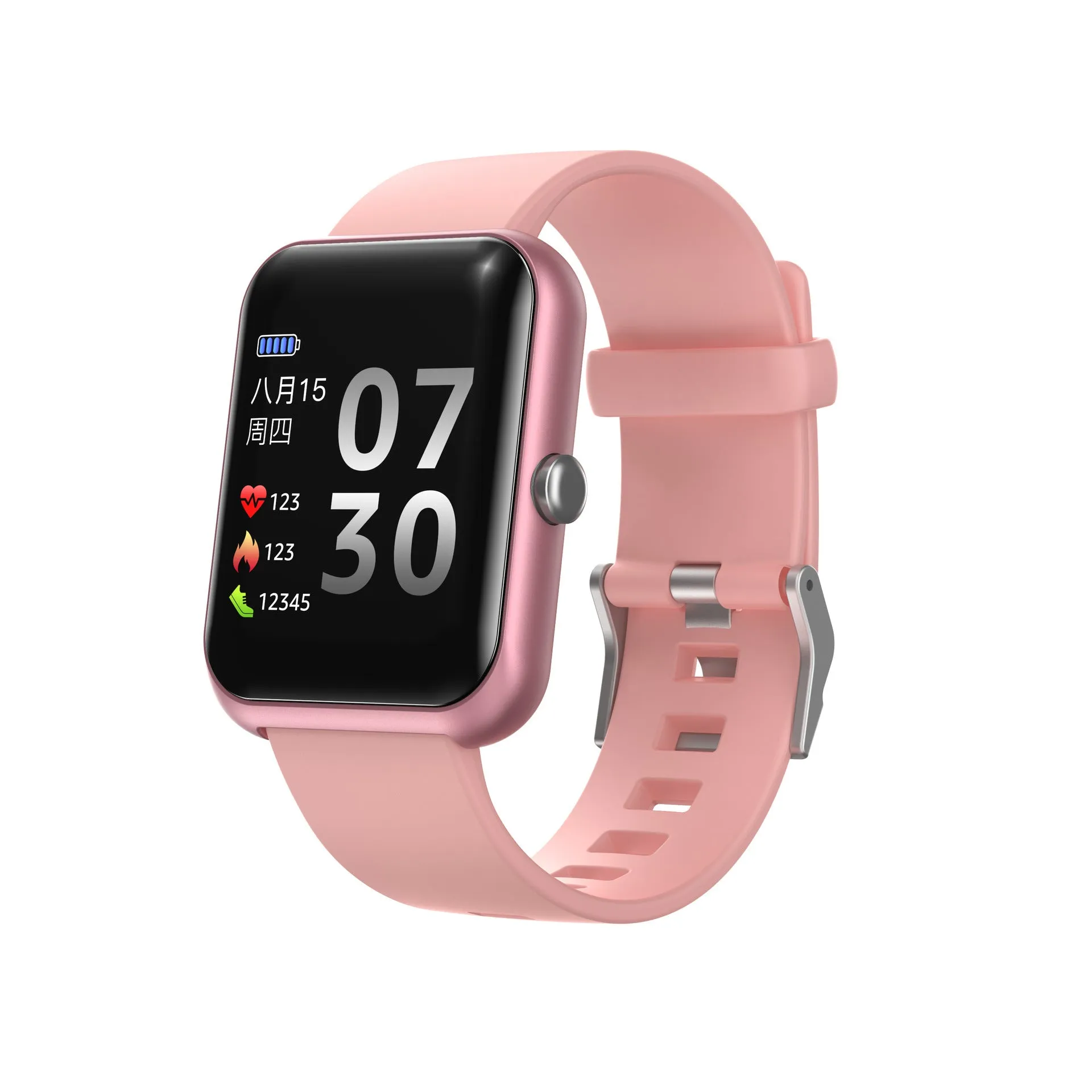 Square Bluetooth sports watch with silicone strap on wrist, showing anodised aluminium case