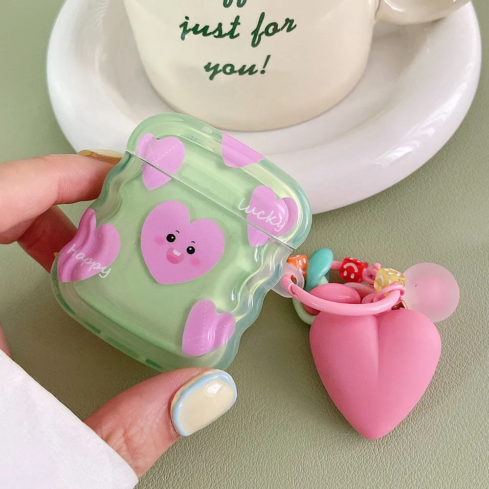 Silicone Bluetooth headphone cover for AirPods with soft shell and decorative pendant in green love heart style
