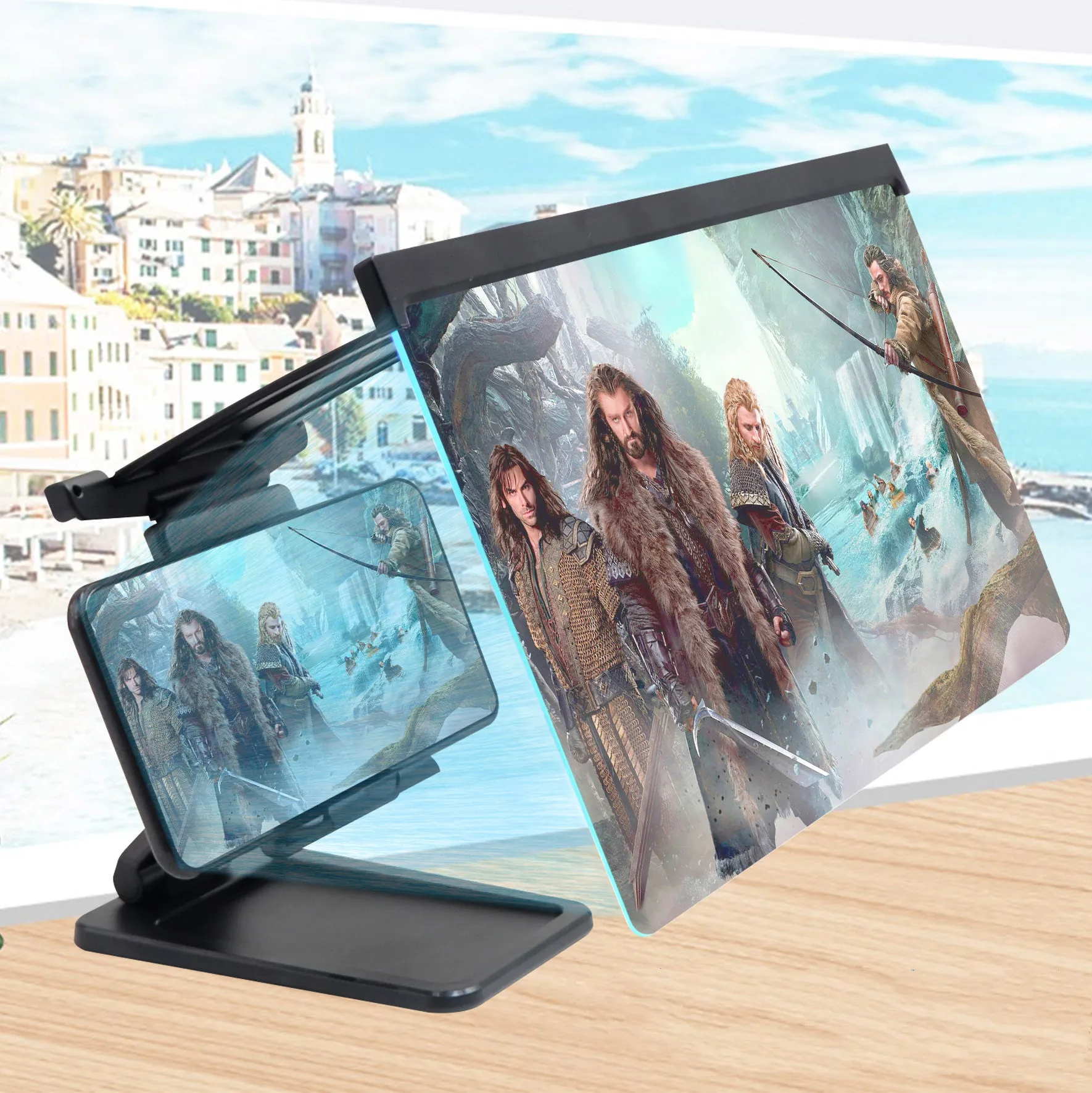 Black L20 split mobile phone screen magnifier with 12-inch display and foldable bracket