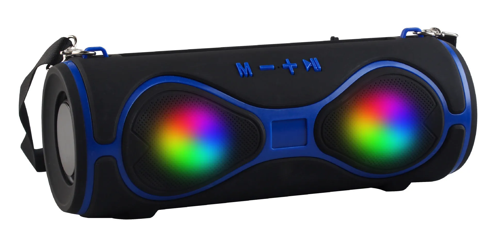 Black portable Bluetooth speaker with integrated mobile phone stand and control buttons
