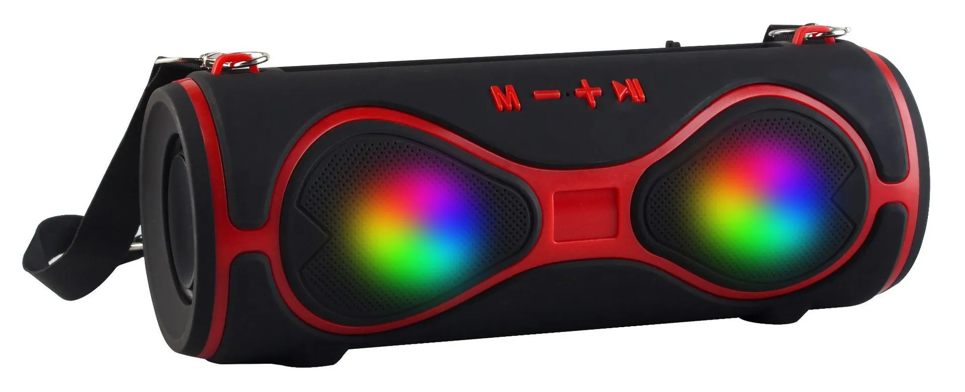 Black portable Bluetooth speaker with integrated mobile phone stand and control buttons