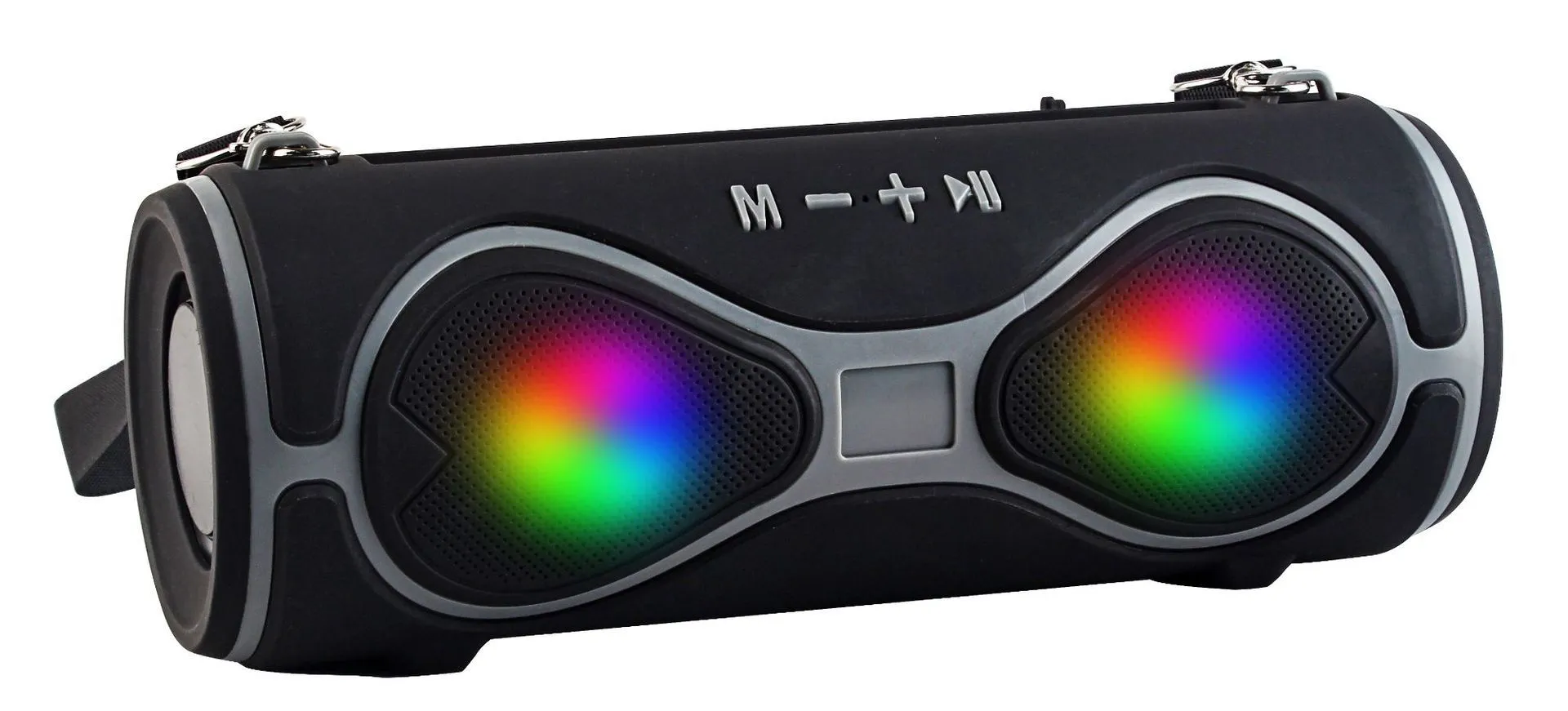 Black portable Bluetooth speaker with integrated mobile phone stand and control buttons