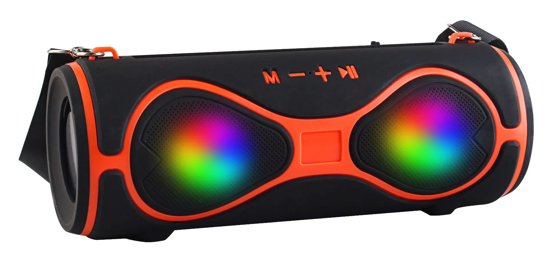 Black portable Bluetooth speaker with integrated mobile phone stand and control buttons