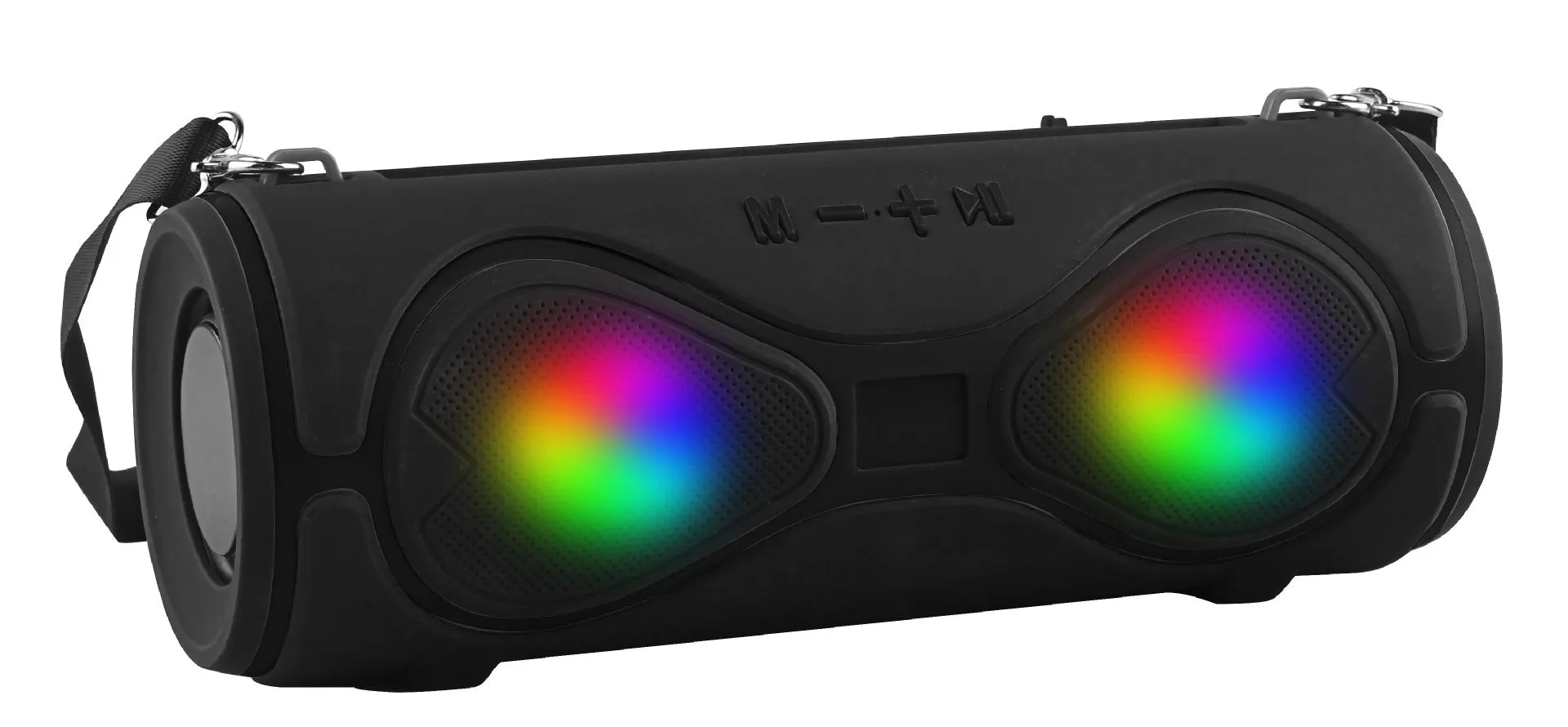 Black portable Bluetooth speaker with integrated mobile phone stand and control buttons