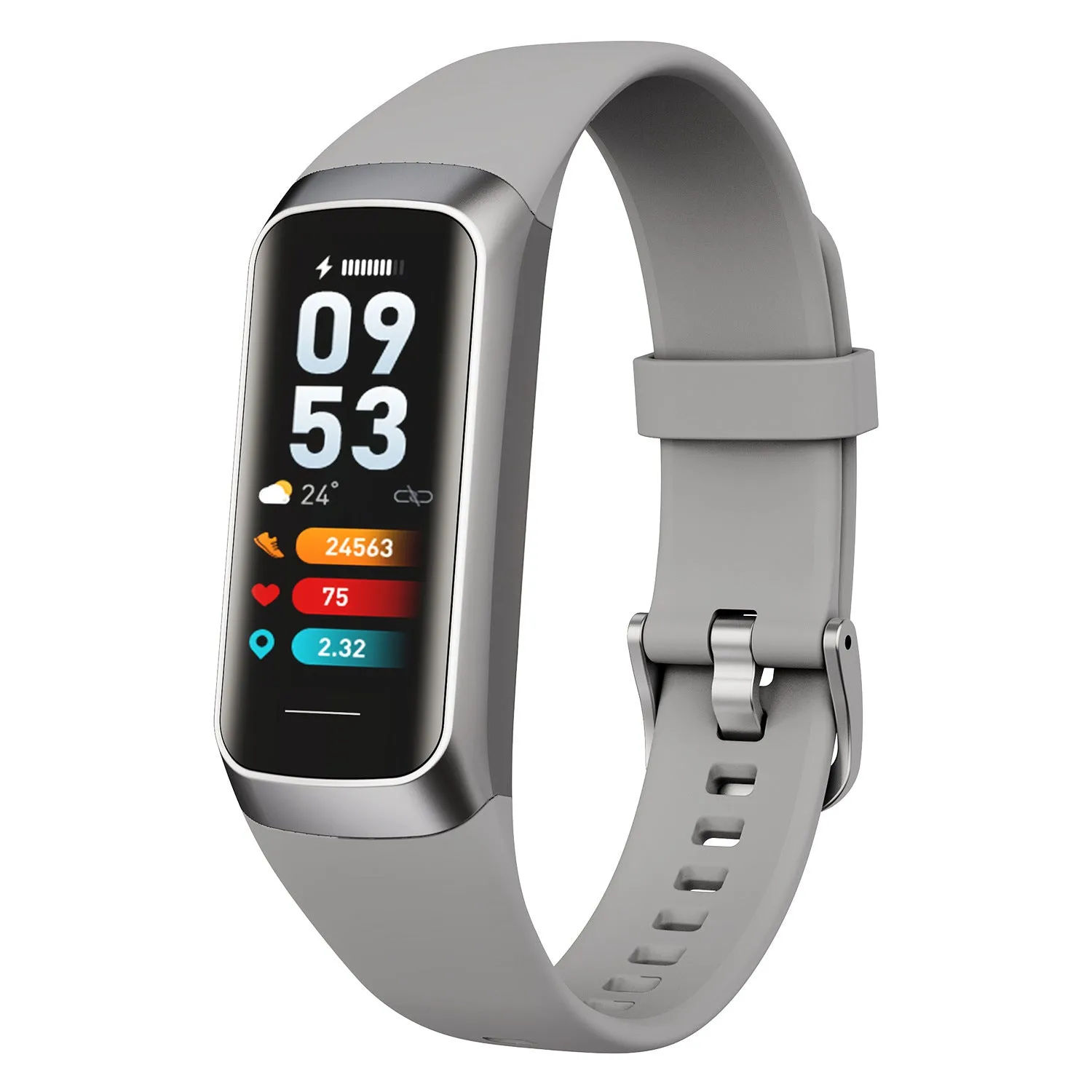 Sports watch with AMOLED screen and silicone strap showing health metrics on display