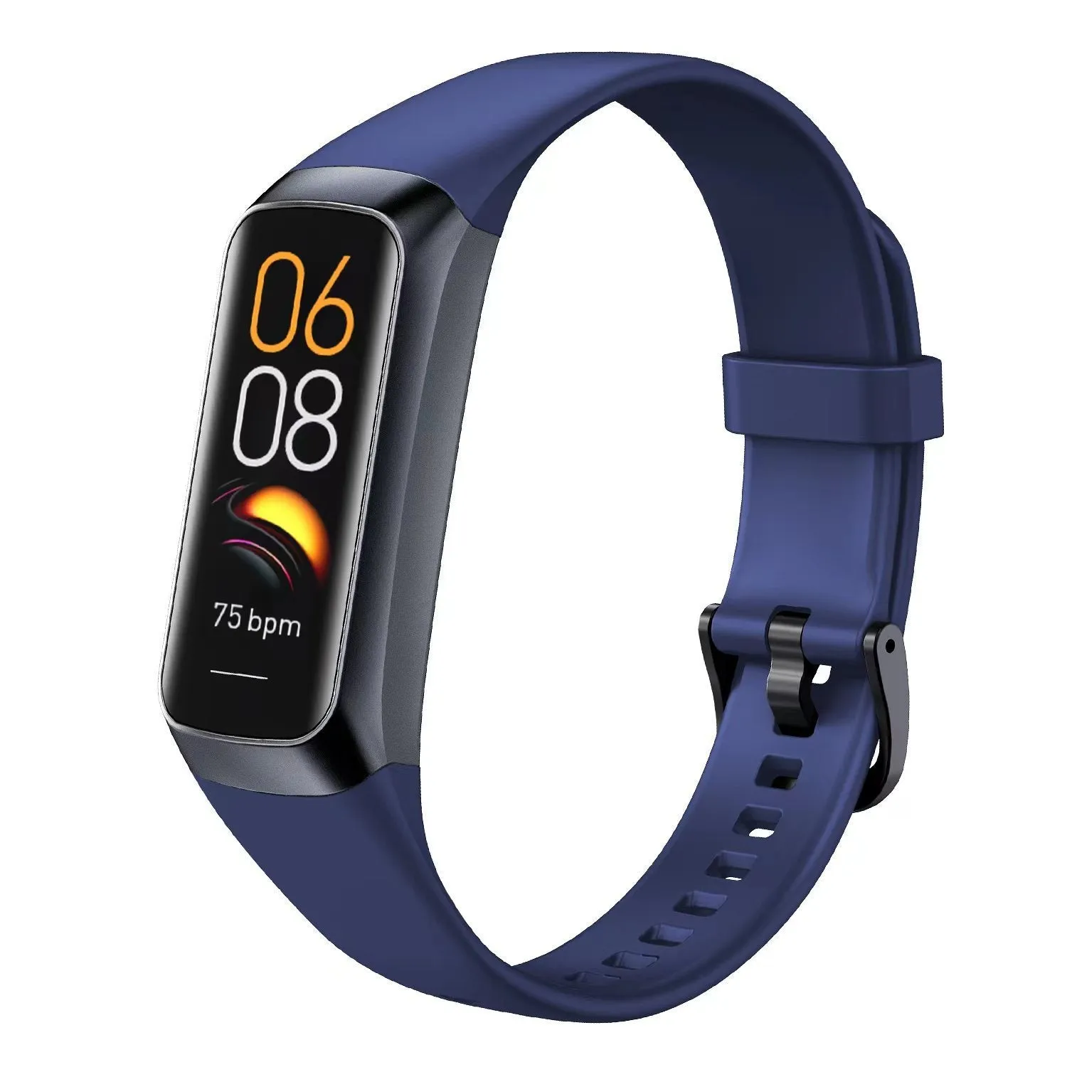 Sports watch with AMOLED screen and silicone strap showing health metrics on display