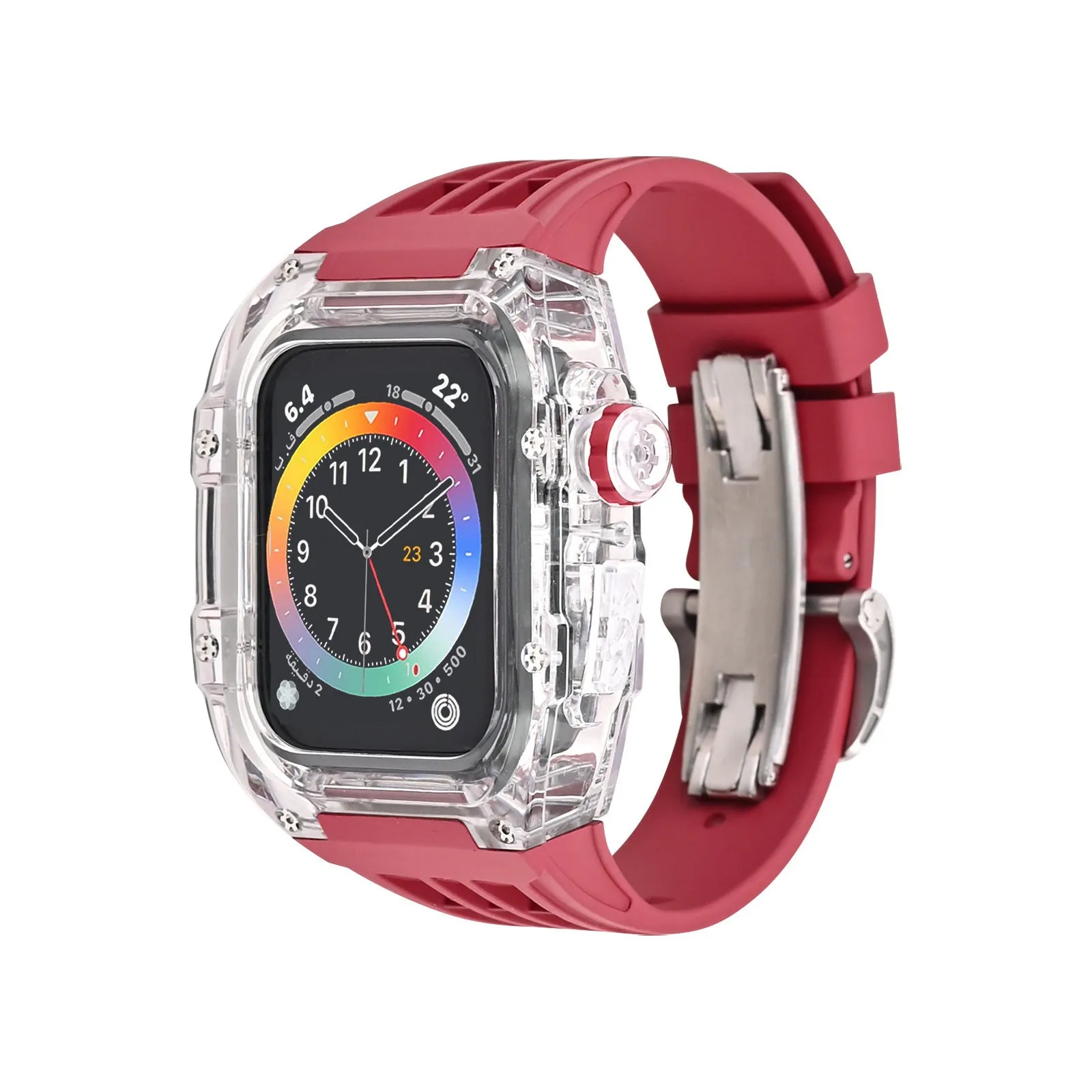 Transparent watch case with fluorine rubber band and bow buckle for Apple Watch 44mm and 45mm, colour orange