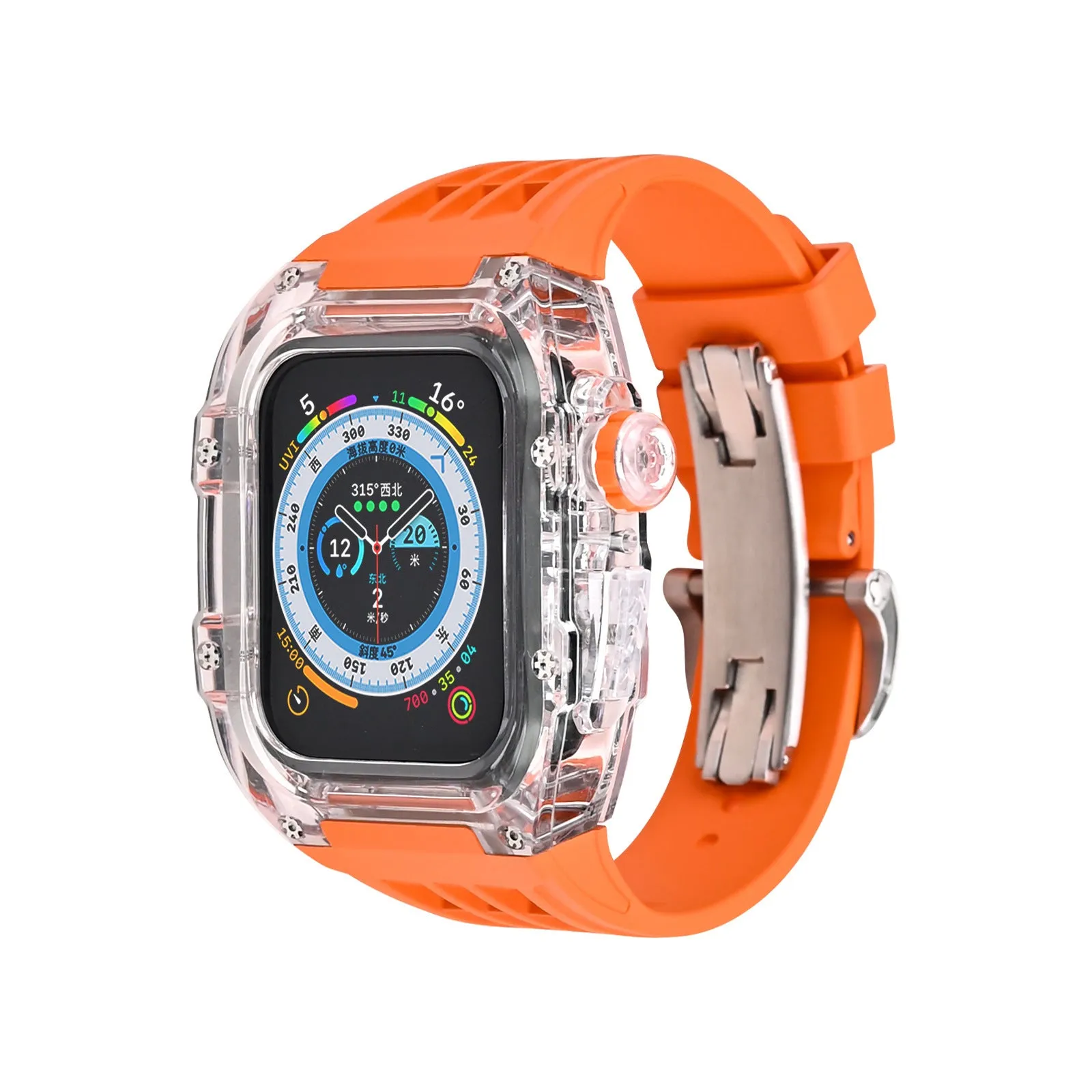 Transparent watch case with fluorine rubber band and bow buckle for Apple Watch 44mm and 45mm, colour orange