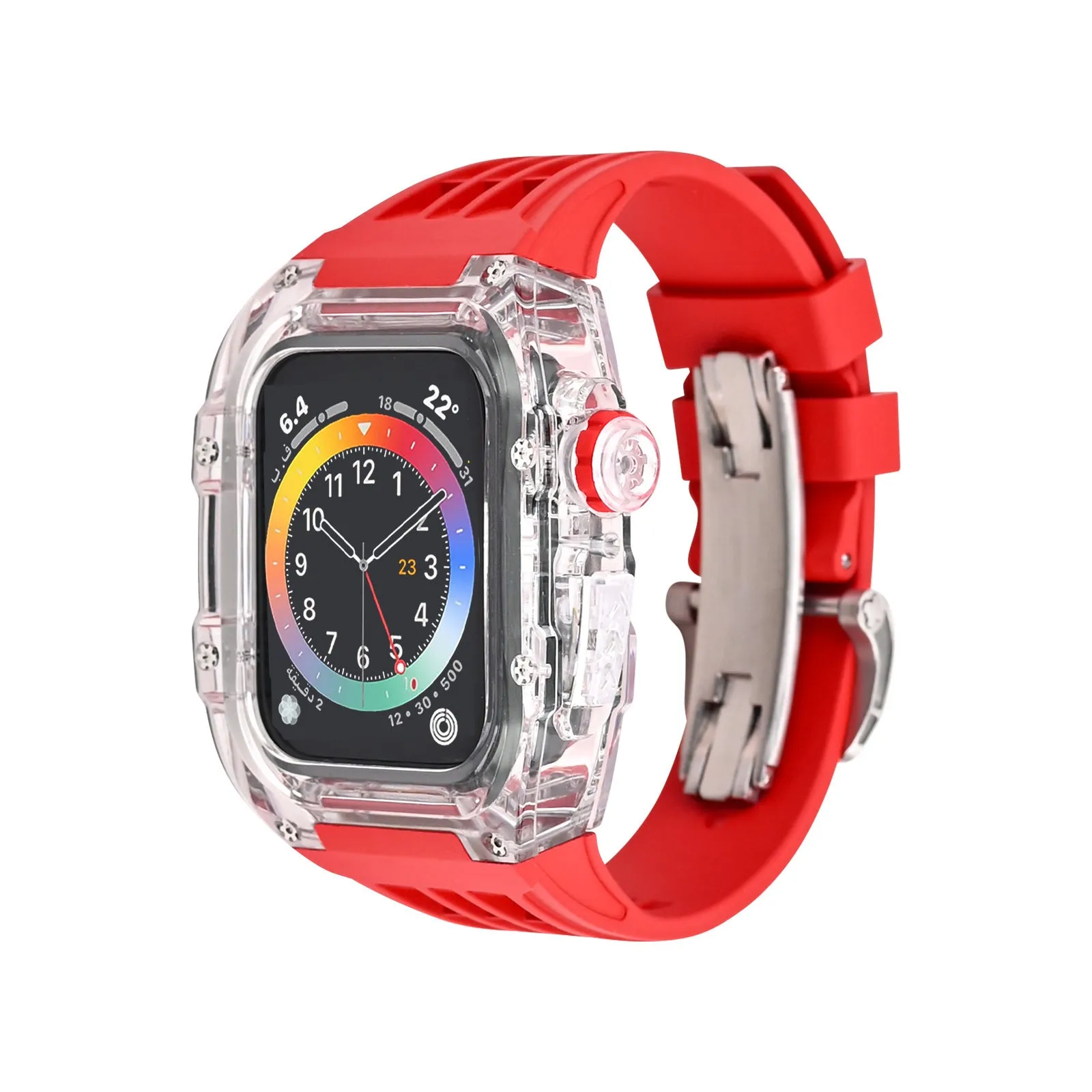 Transparent watch case with fluorine rubber band and bow buckle for Apple Watch 44mm and 45mm, colour orange