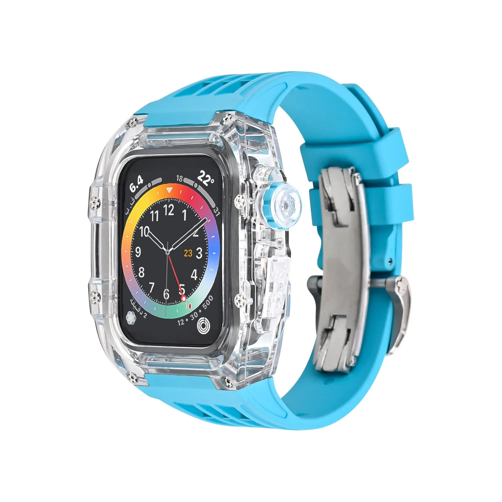 Transparent watch case with fluorine rubber band and bow buckle for Apple Watch 44mm and 45mm, colour orange