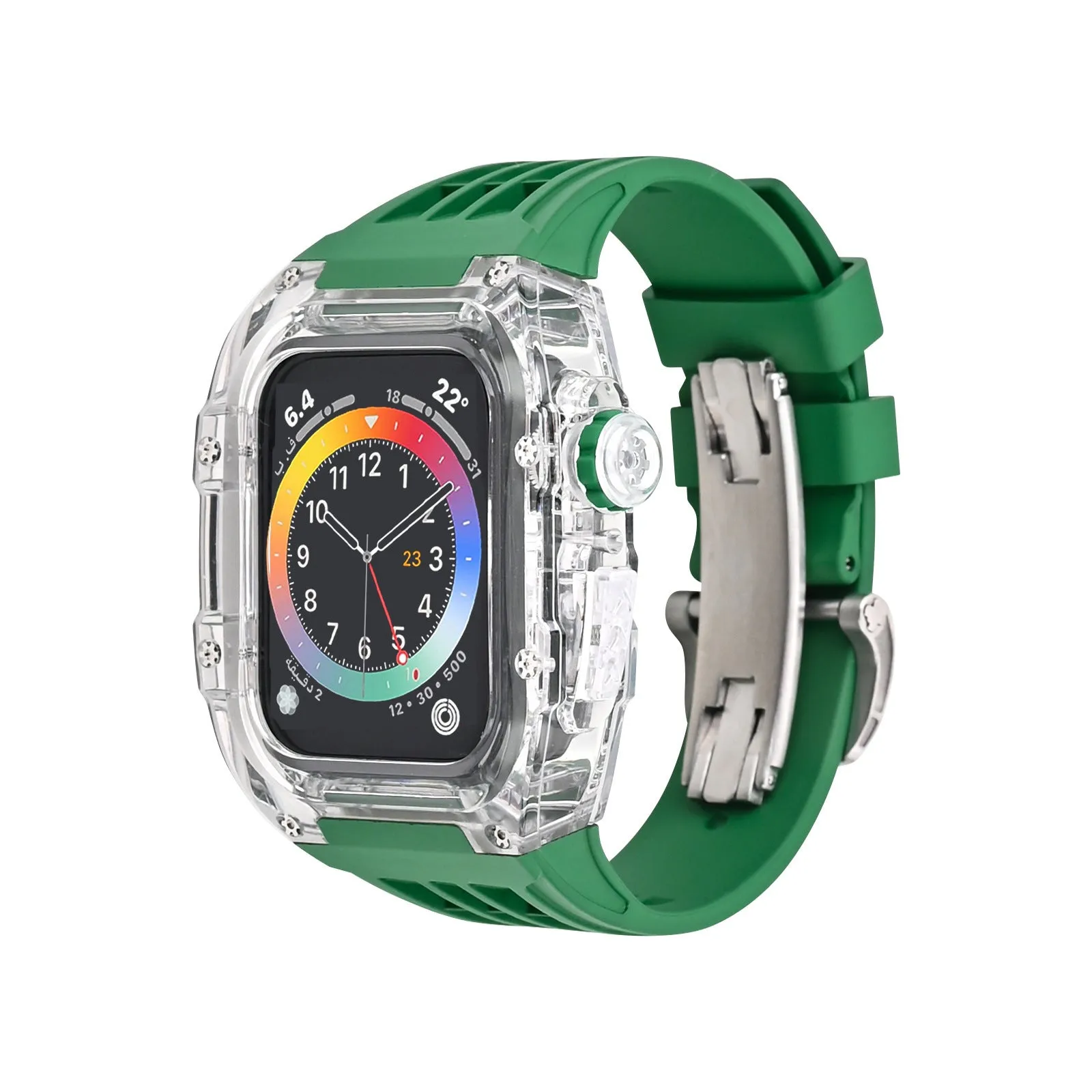 Transparent watch case with fluorine rubber band and bow buckle for Apple Watch 44mm and 45mm, colour orange