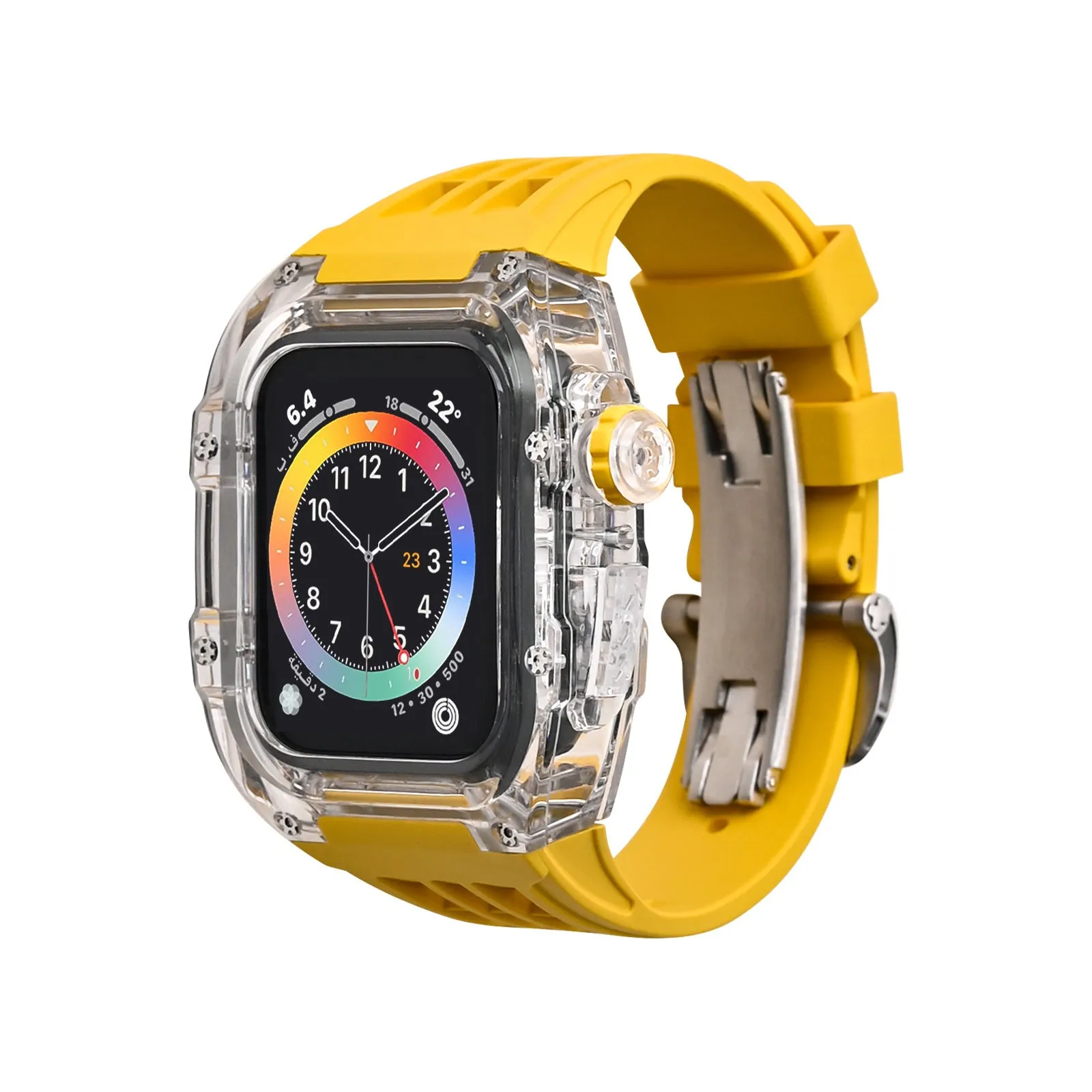Transparent watch case with fluorine rubber band and bow buckle for Apple Watch 44mm and 45mm, colour orange