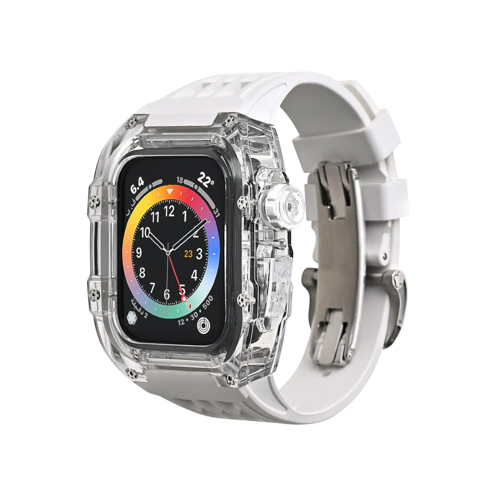 Transparent watch case with fluorine rubber band and bow buckle for Apple Watch 44mm and 45mm, colour orange