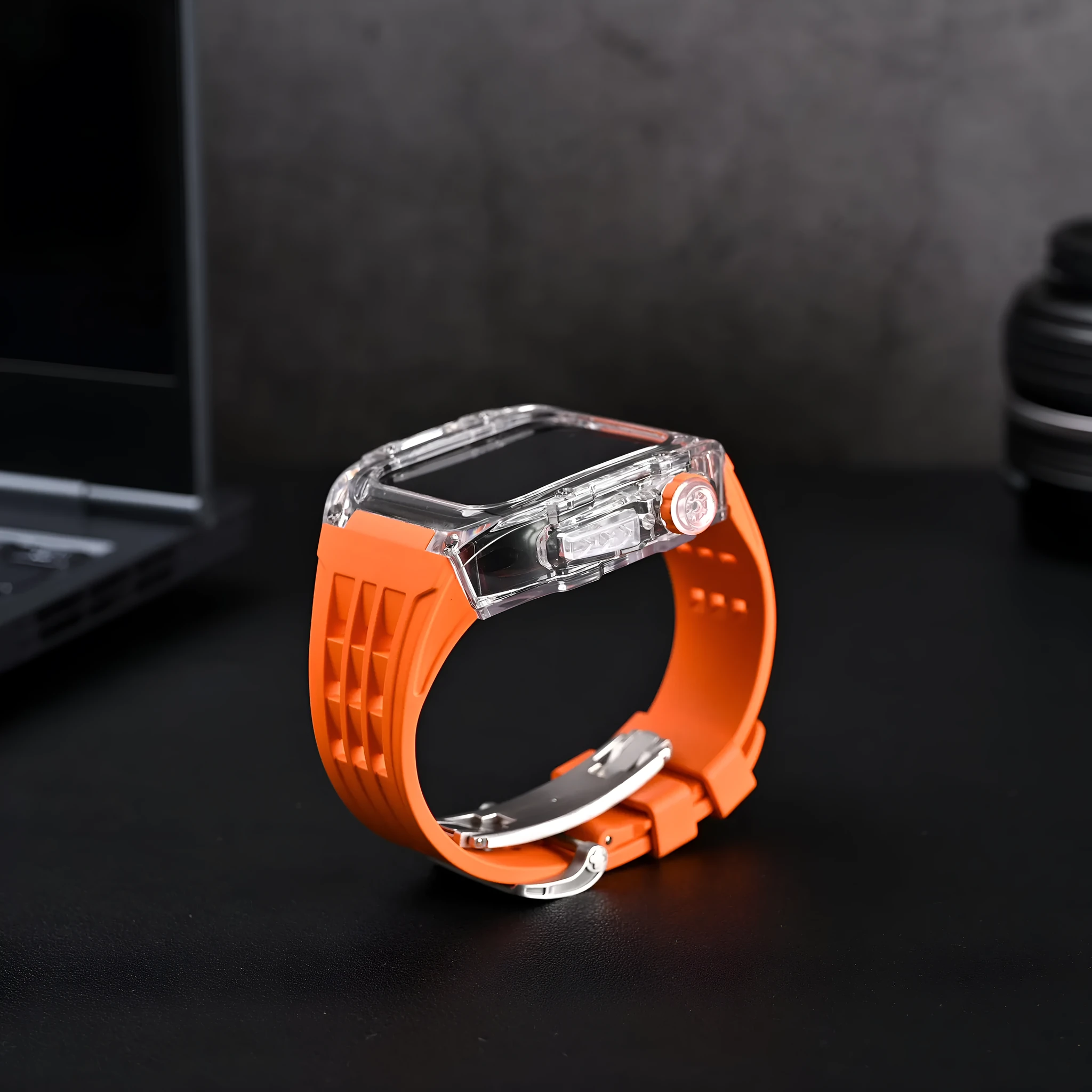 Transparent watch case with fluorine rubber band and bow buckle for Apple Watch 44mm and 45mm, colour orange