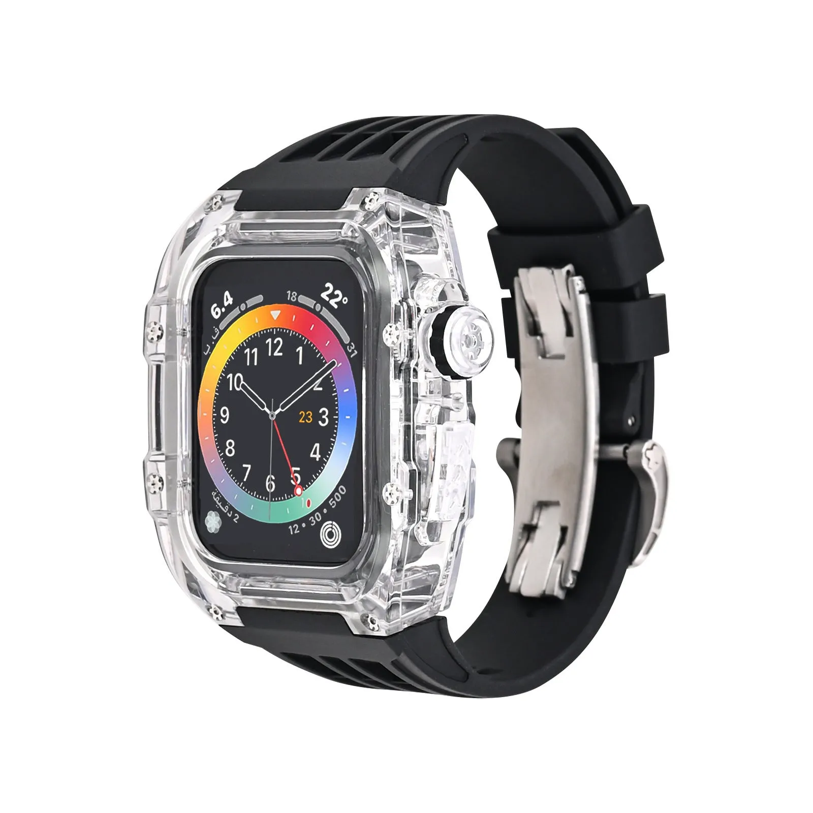 Transparent watch case with fluorine rubber band and bow buckle for Apple Watch 44mm and 45mm, colour orange