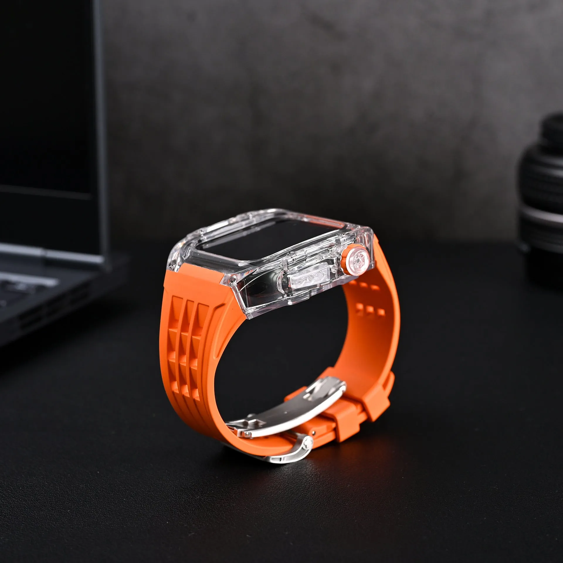 Transparent watch case with fluorine rubber band and bow buckle for Apple Watch 44mm and 45mm, colour orange
