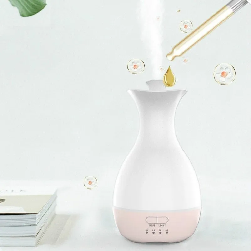 White or pink ultrasonic aromatherapy vase diffuser with 200ml tank and colour-changing LED night light