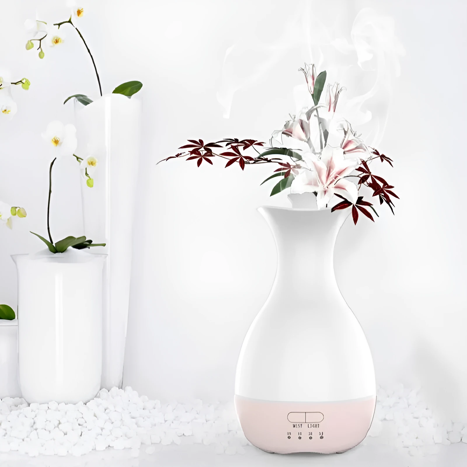 White or pink ultrasonic aromatherapy vase diffuser with 200ml tank and colour-changing LED night light