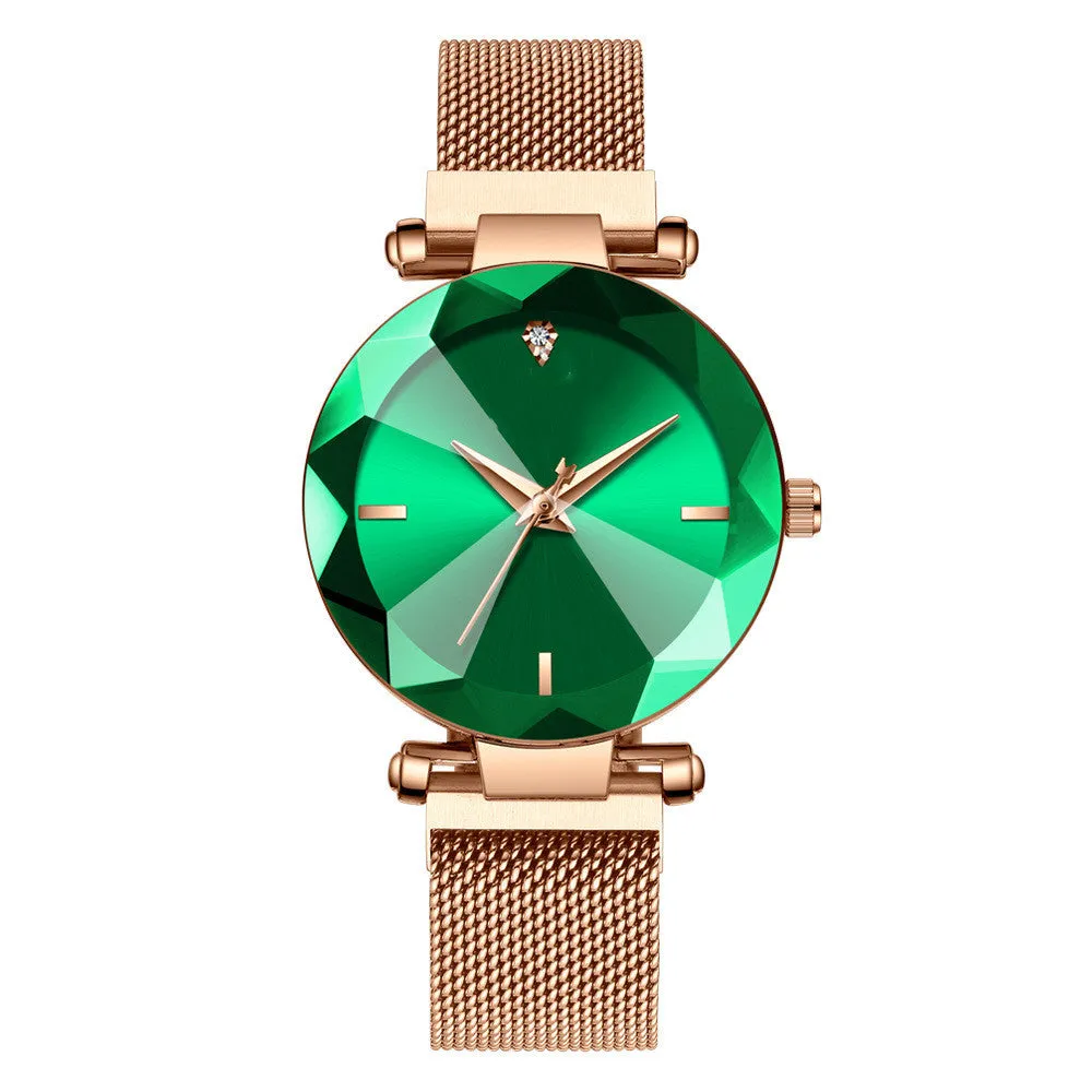 Women's mesh belt quartz watch with round alloy case and 33.5mm dial, available in pink