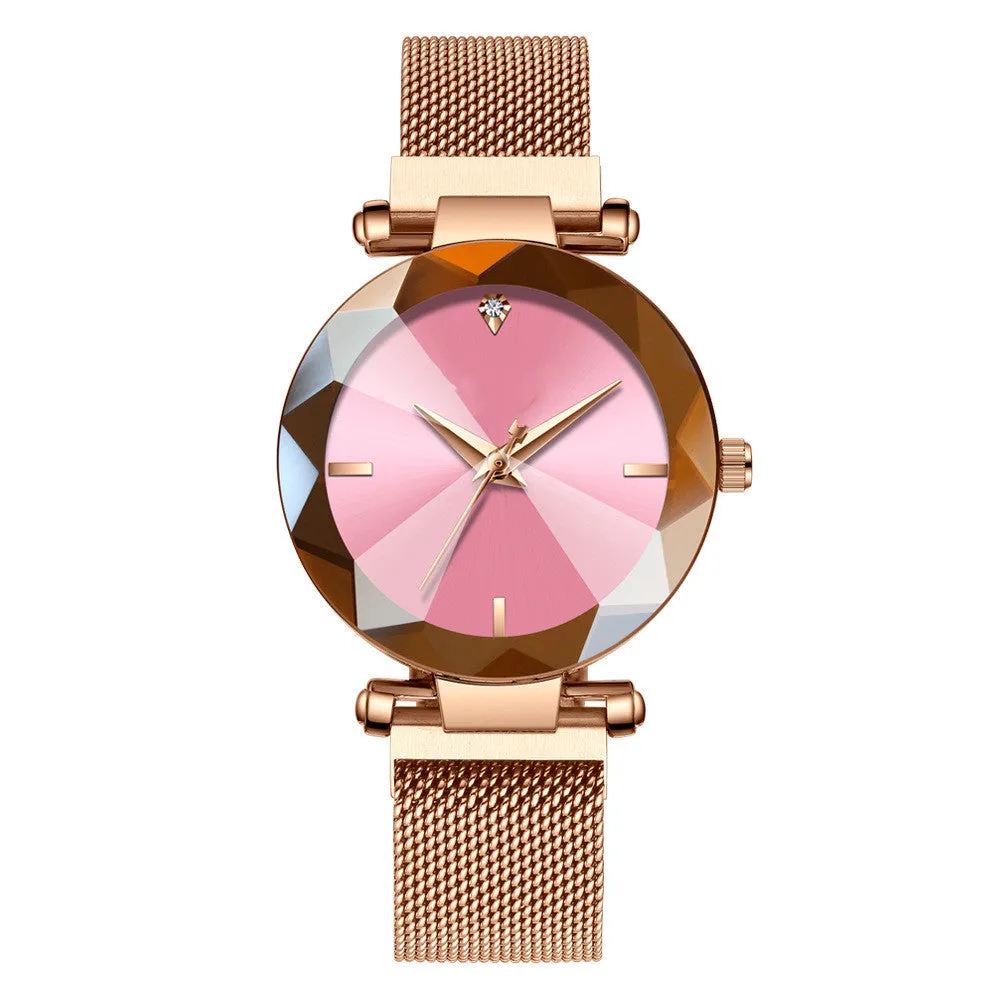 Women's mesh belt quartz watch with round alloy case and 33.5mm dial, available in pink