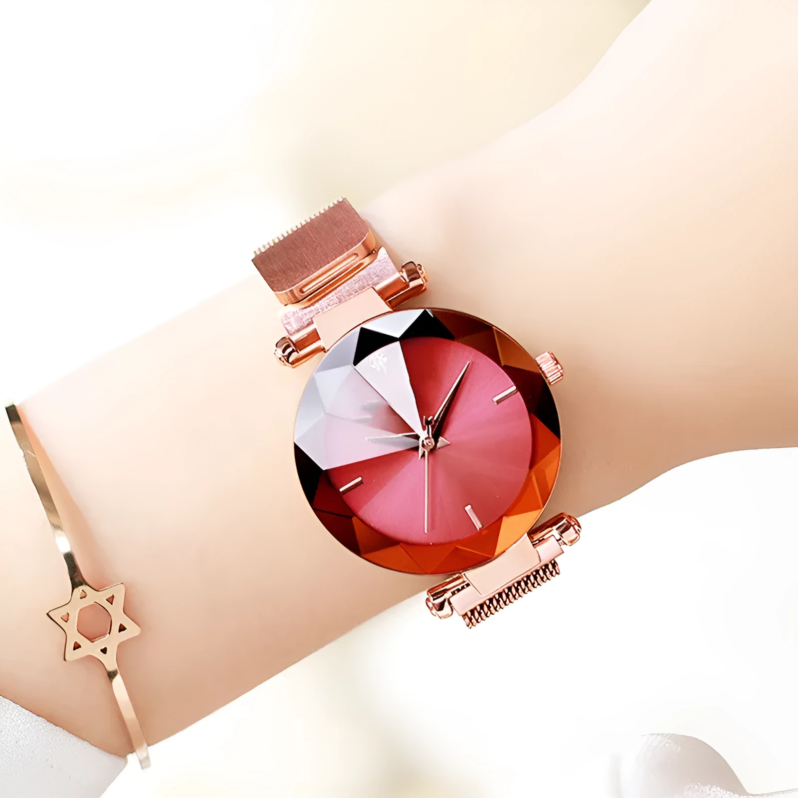 Women's mesh belt quartz watch with round alloy case and 33.5mm dial, available in pink