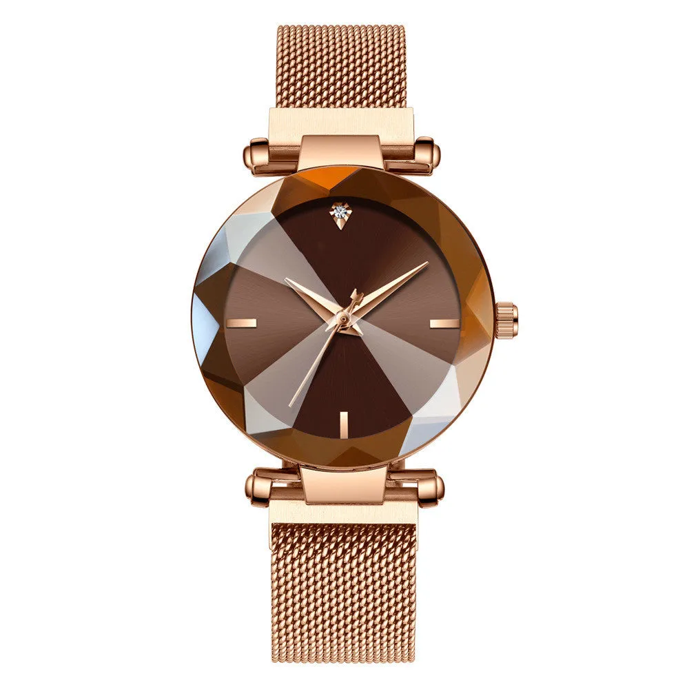 Women's mesh belt quartz watch with round alloy case and 33.5mm dial, available in pink