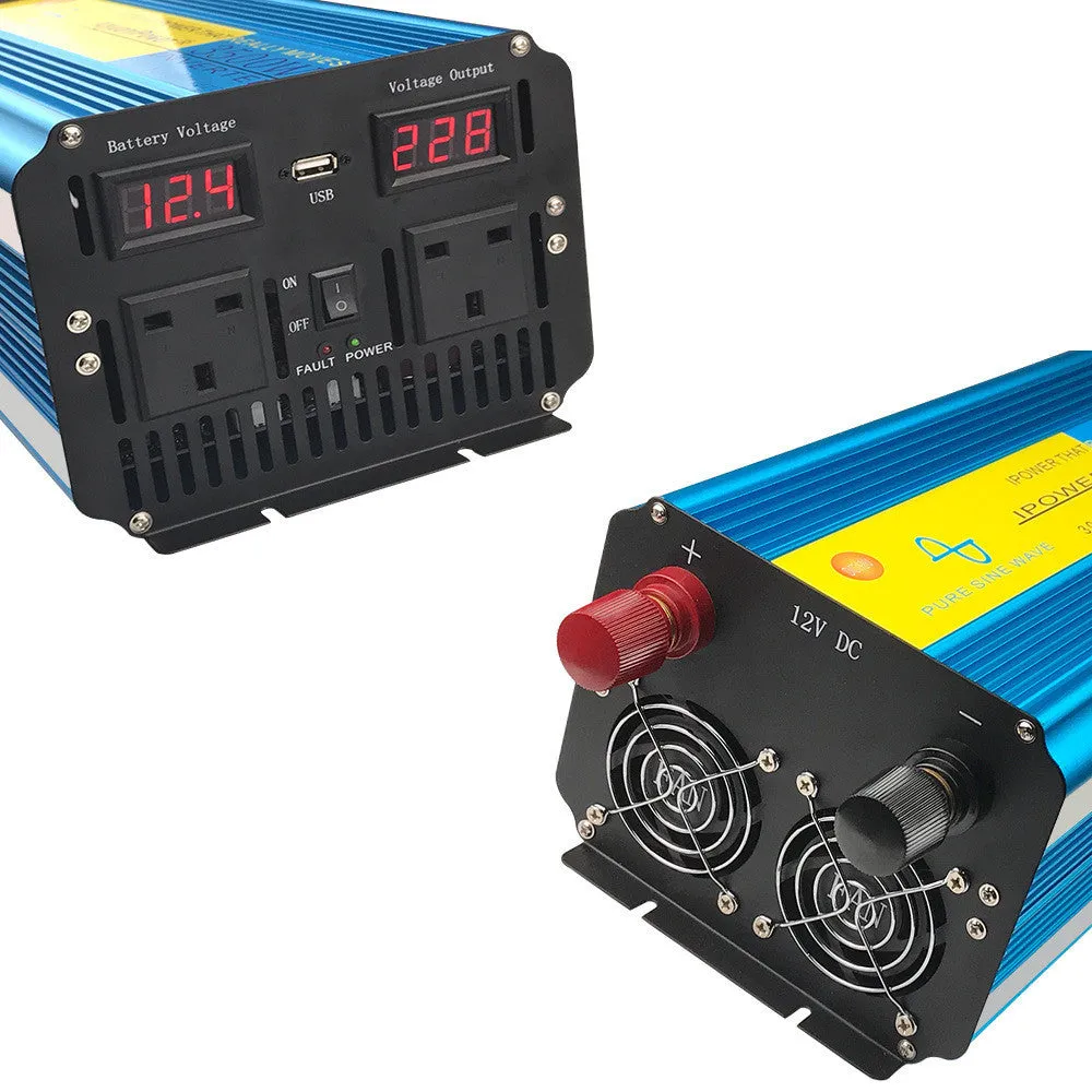 Blue 3000W pure sine wave car power inverter with digital display and British socket