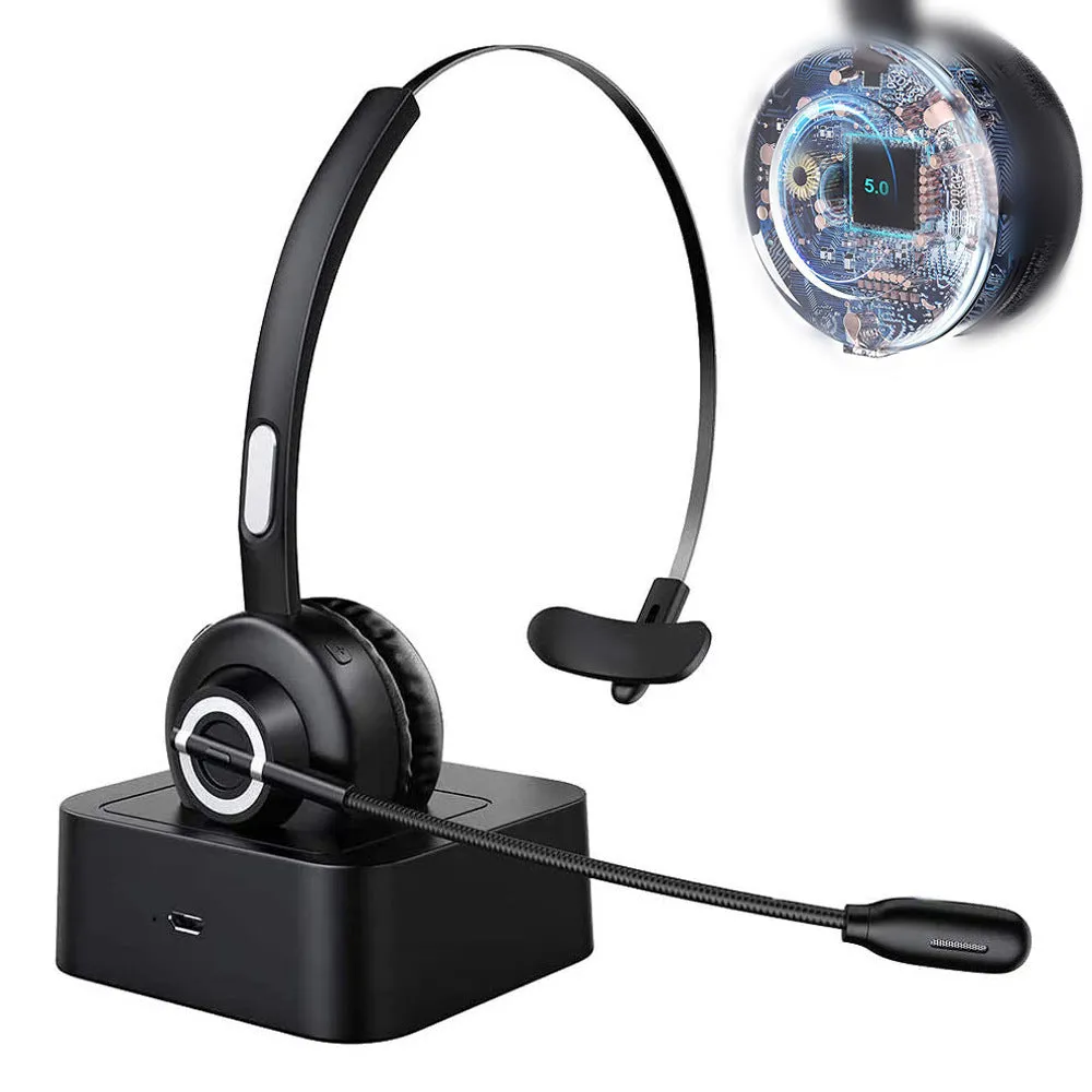 M97 Bluetooth headset in plastic with noise reduction chip, charging base, and data cable