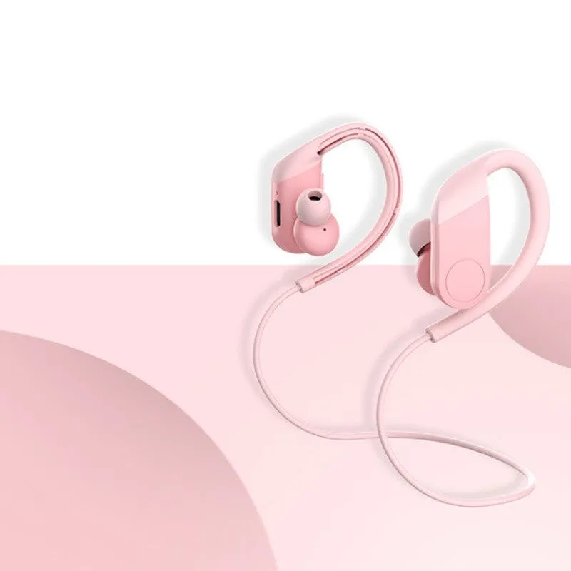 Wireless in-ear hanging Bluetooth headset in black with earbuds and neckband on white background