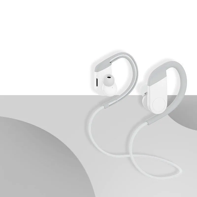Wireless in-ear hanging Bluetooth headset in black with earbuds and neckband on white background