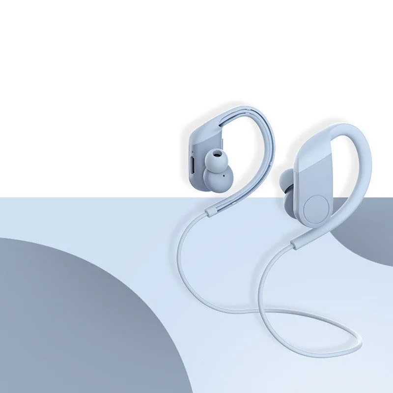 Wireless in-ear hanging Bluetooth headset in black with earbuds and neckband on white background