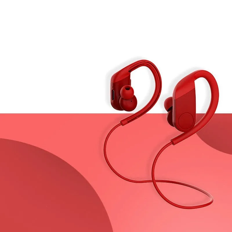 Wireless in-ear hanging Bluetooth headset in black with earbuds and neckband on white background