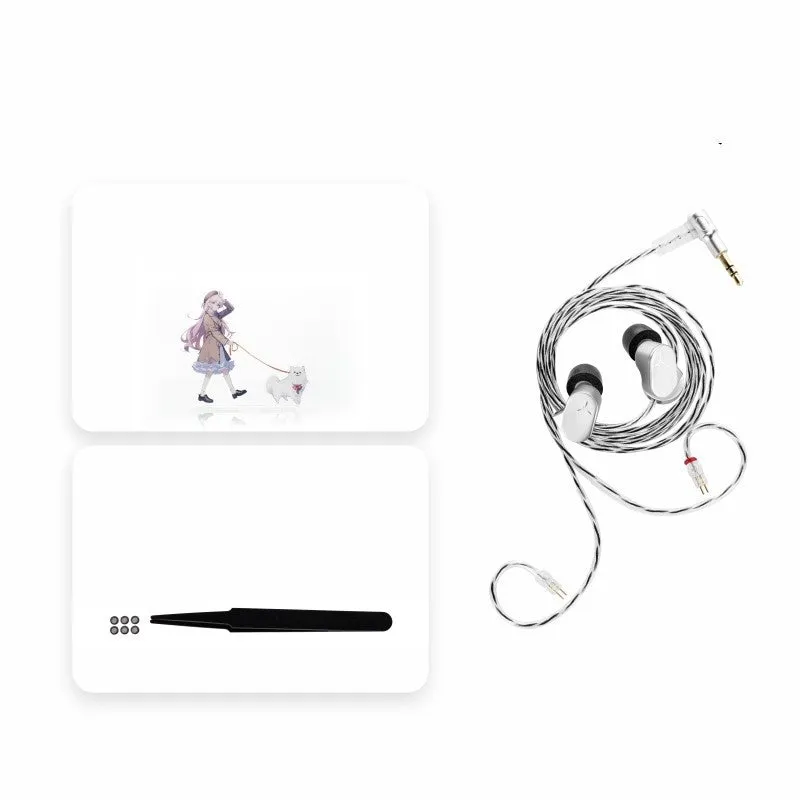 HiFi wired earphone with interchangeable cable in blue with silicone ear tips and storage bag on display