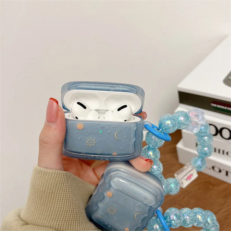 Clear blue starry sky TPU earphone case with wavy edge and bracelet chain for AirPods Pro
