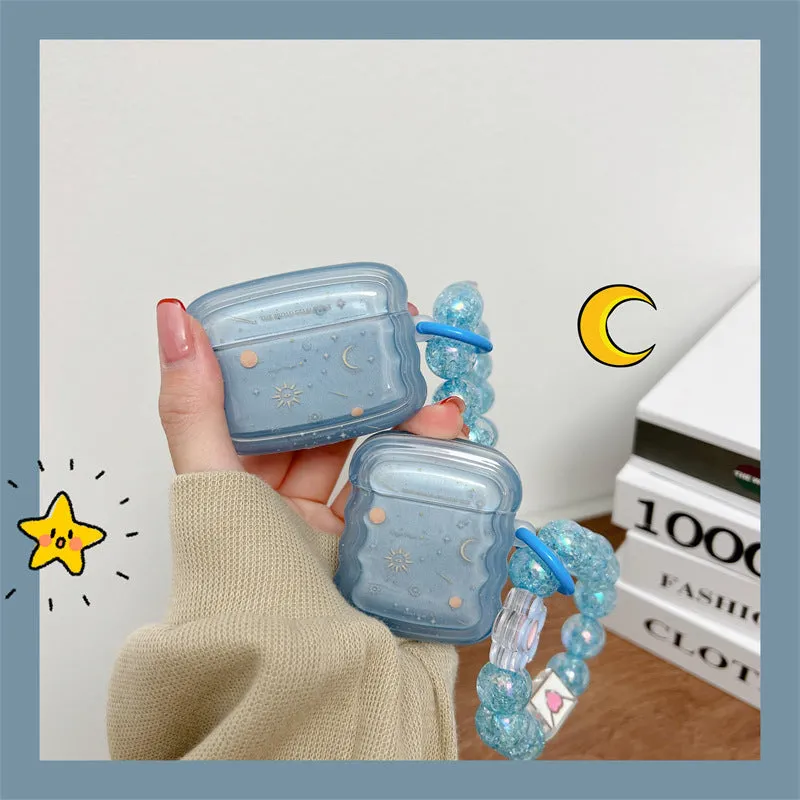 Clear blue starry sky TPU earphone case with wavy edge and bracelet chain for AirPods Pro