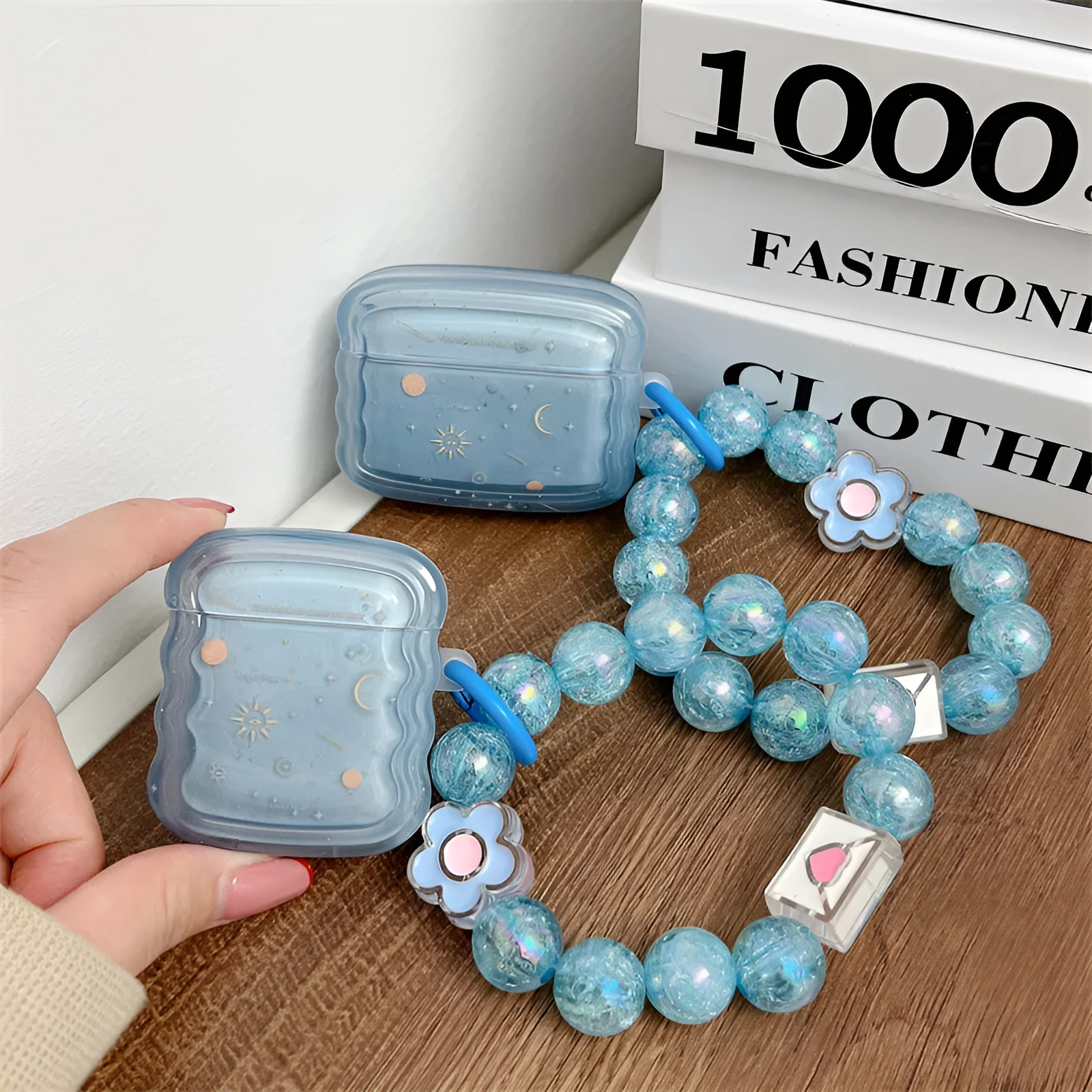 Clear blue starry sky TPU earphone case with wavy edge and bracelet chain for AirPods Pro
