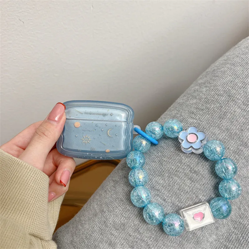 Clear blue starry sky TPU earphone case with wavy edge and bracelet chain for AirPods Pro