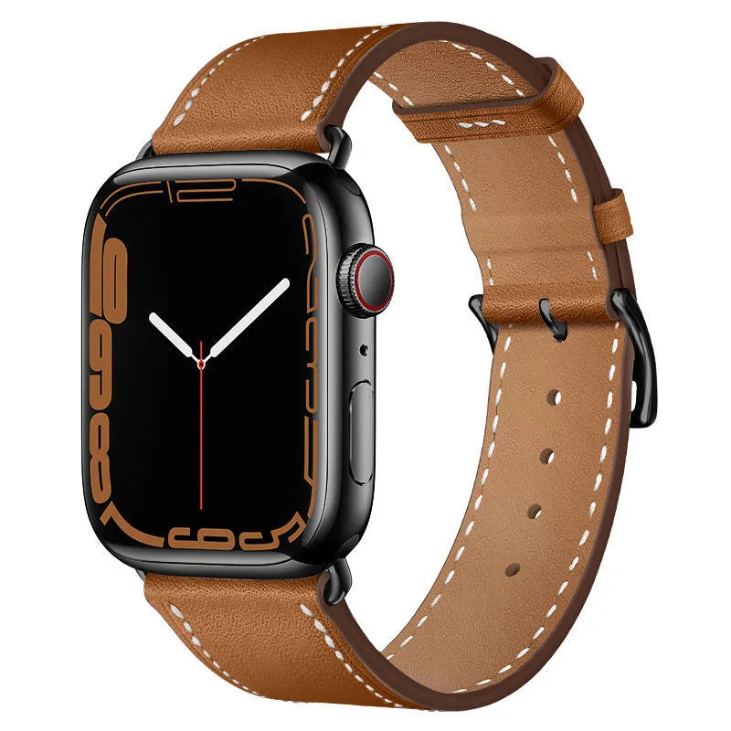 Creative Men's Leather Watch Strap for Apple Watch, Genuine Leather Band with Protective Case and Water Condensation Film, Available in Multiple Colours and Sizes 38mm to 49mm, Black, Brown, Navy Blue, Orange Options